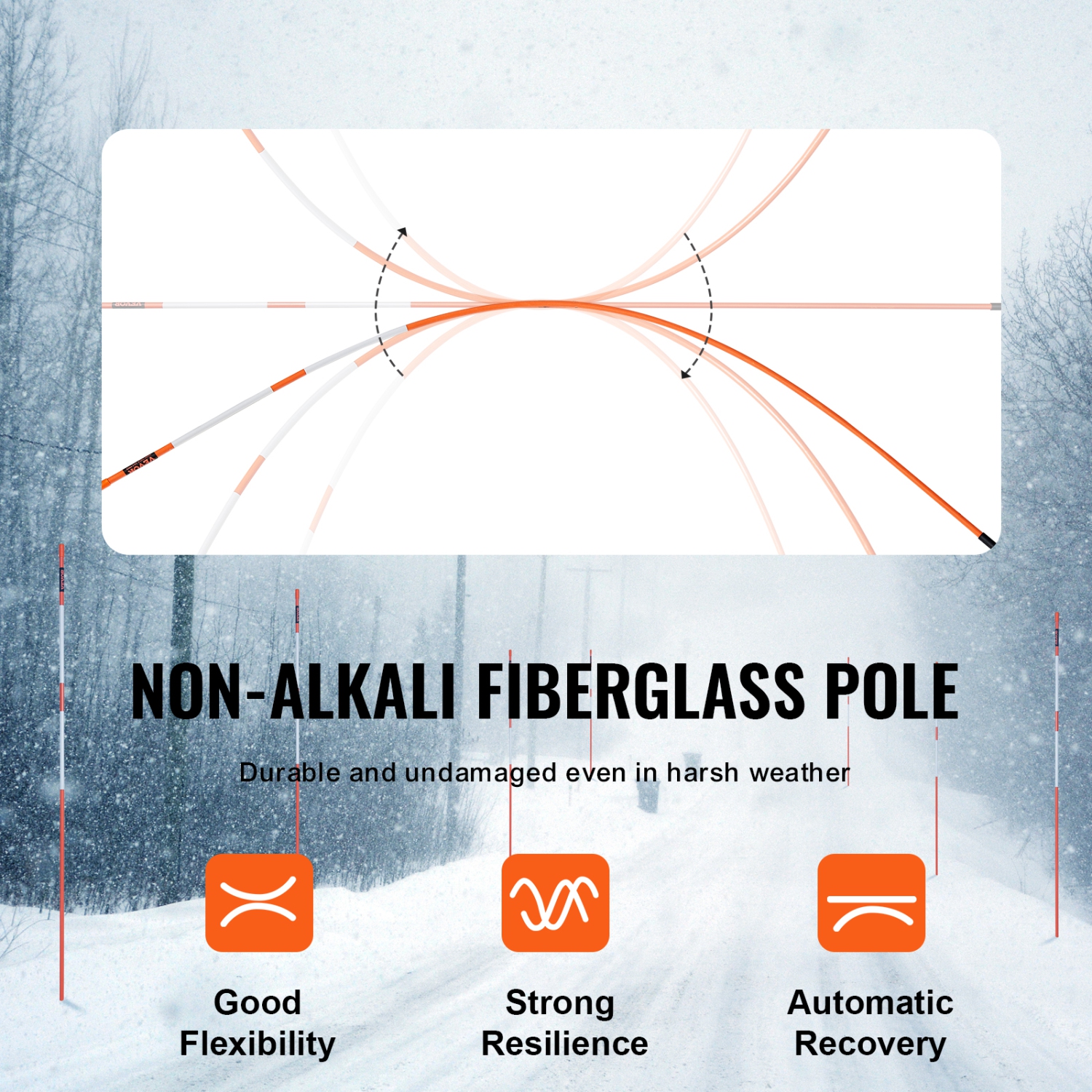 VEVOR 100PCS 48 inch Driveway Markers, 0.31 inch Diameter, Orange Fiberglass Poles Snow Stakes with Reflective Tape, 12" Steel Drill Bit & Protection