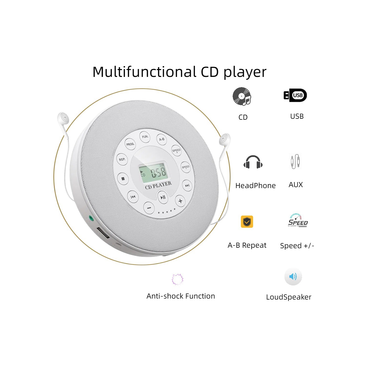 Répéteur CD multifonctionnel, interface USB, machine d'enseignement prénatal, batterie rechargeable, deux haut-parleurs stéréoCD, CD-R, CD-RW, MP3,