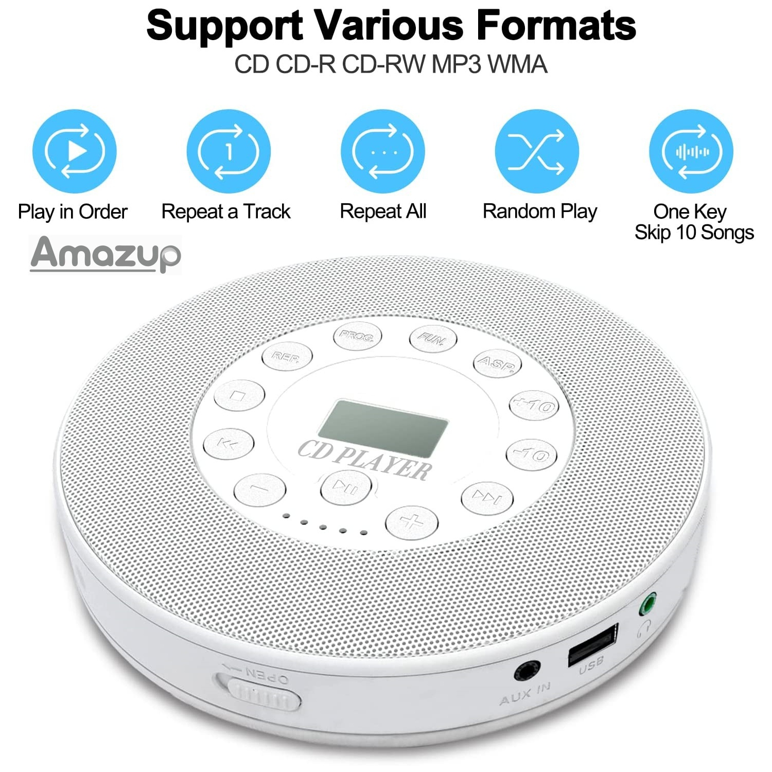 Répéteur CD multifonctionnel, interface USB, machine d'enseignement prénatal, batterie rechargeable, deux haut-parleurs stéréoCD, CD-R, CD-RW, MP3,