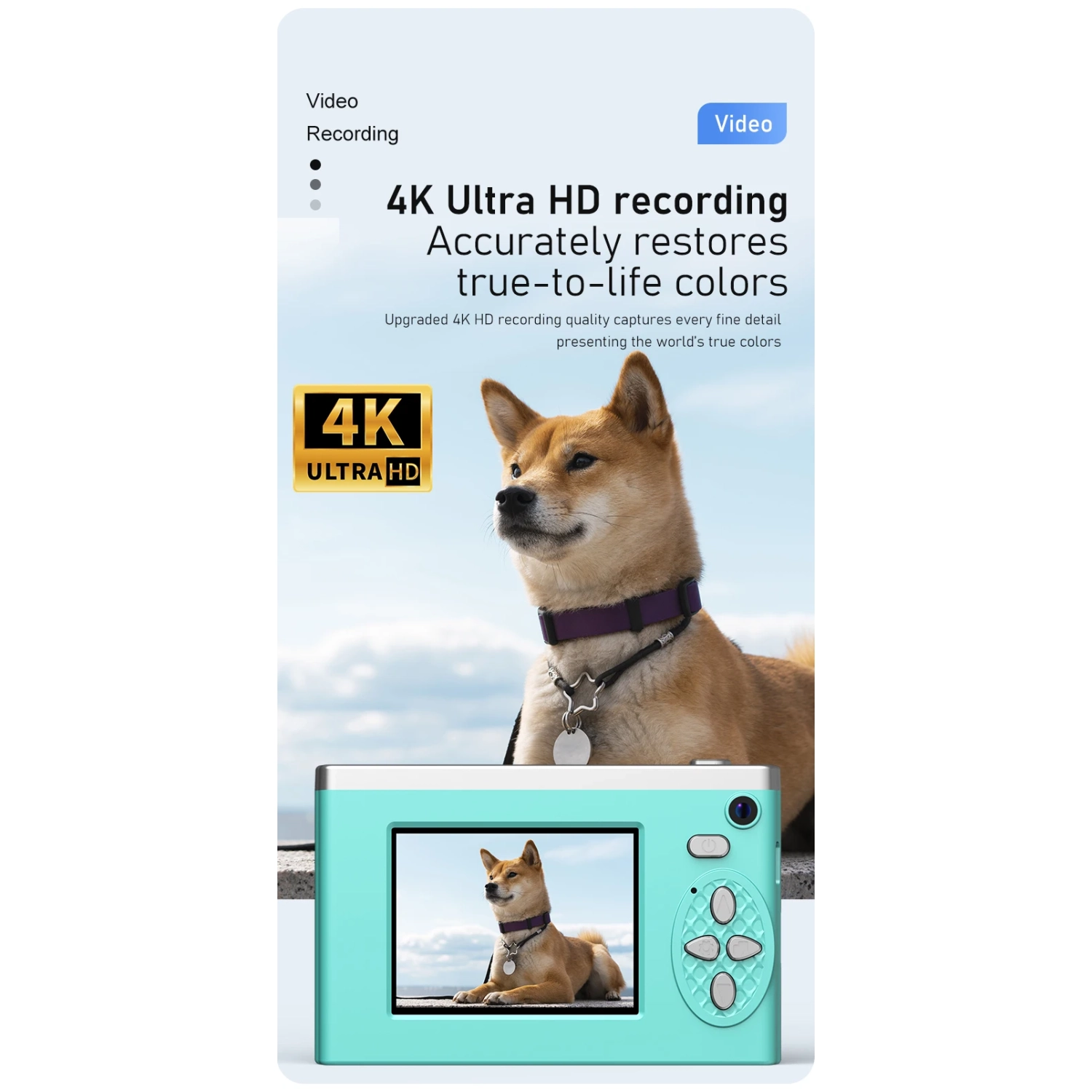 CCD digital camera, can take selfies and transfer to mobile phones, student party camera, camera vog, HD dual camera, 4k video recording - blue [32G