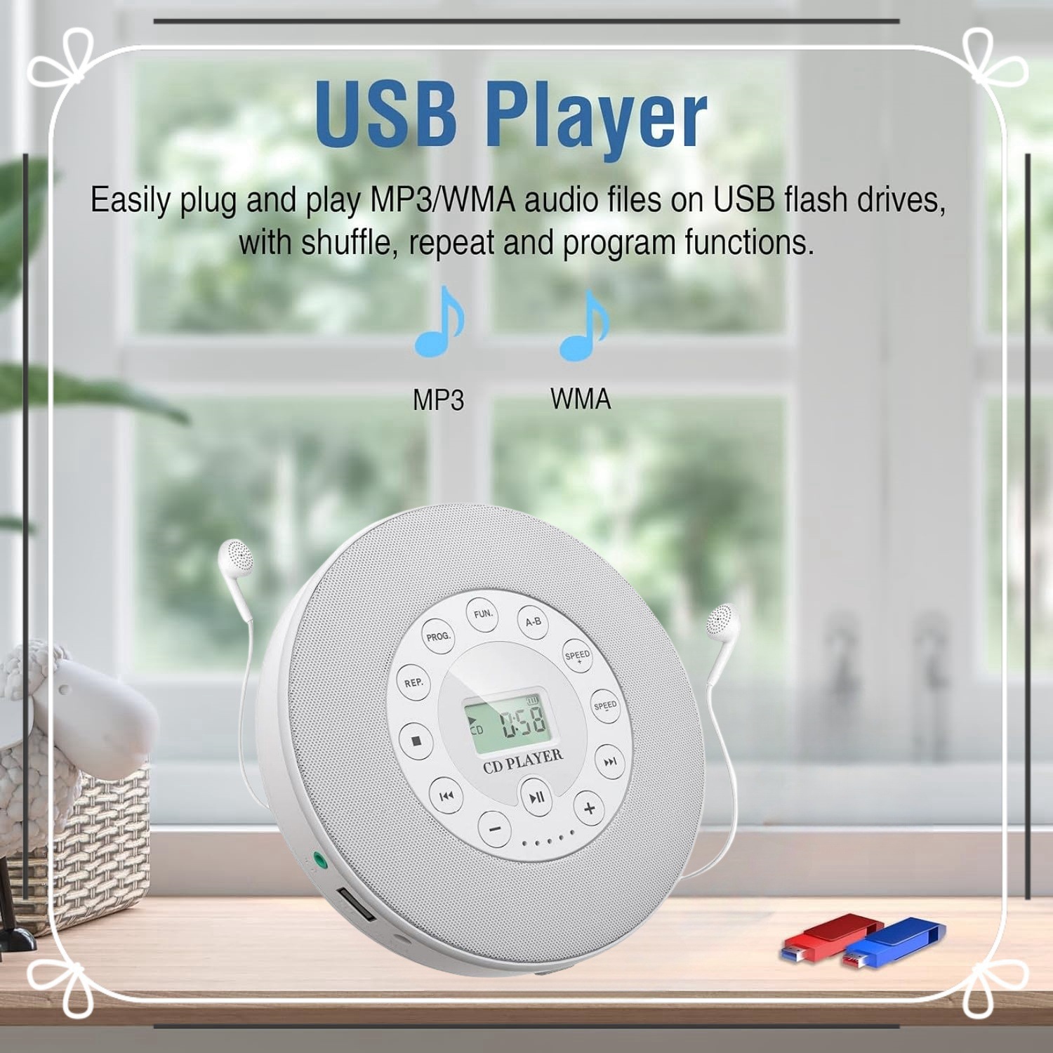 Multifunctional CD repeater, USB interface, prenatal education machine, rechargeable battery, dual stereo speakersCD, CD-R, CD-RW, MP3, WMA - black