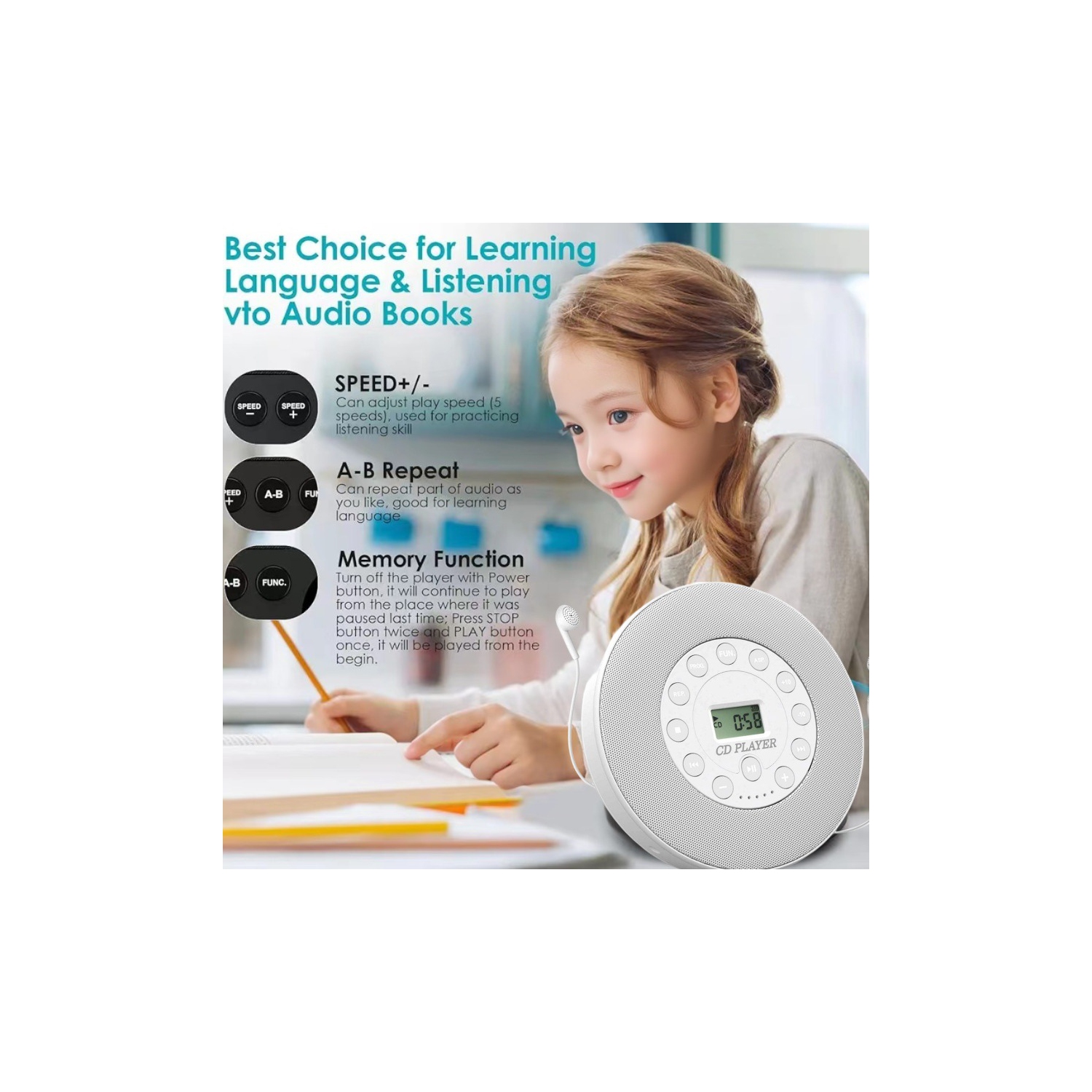 Multifunctional CD repeater, USB interface, prenatal education machine, rechargeable battery, dual stereo speakersCD, CD-R, CD-RW, MP3, WMA - black