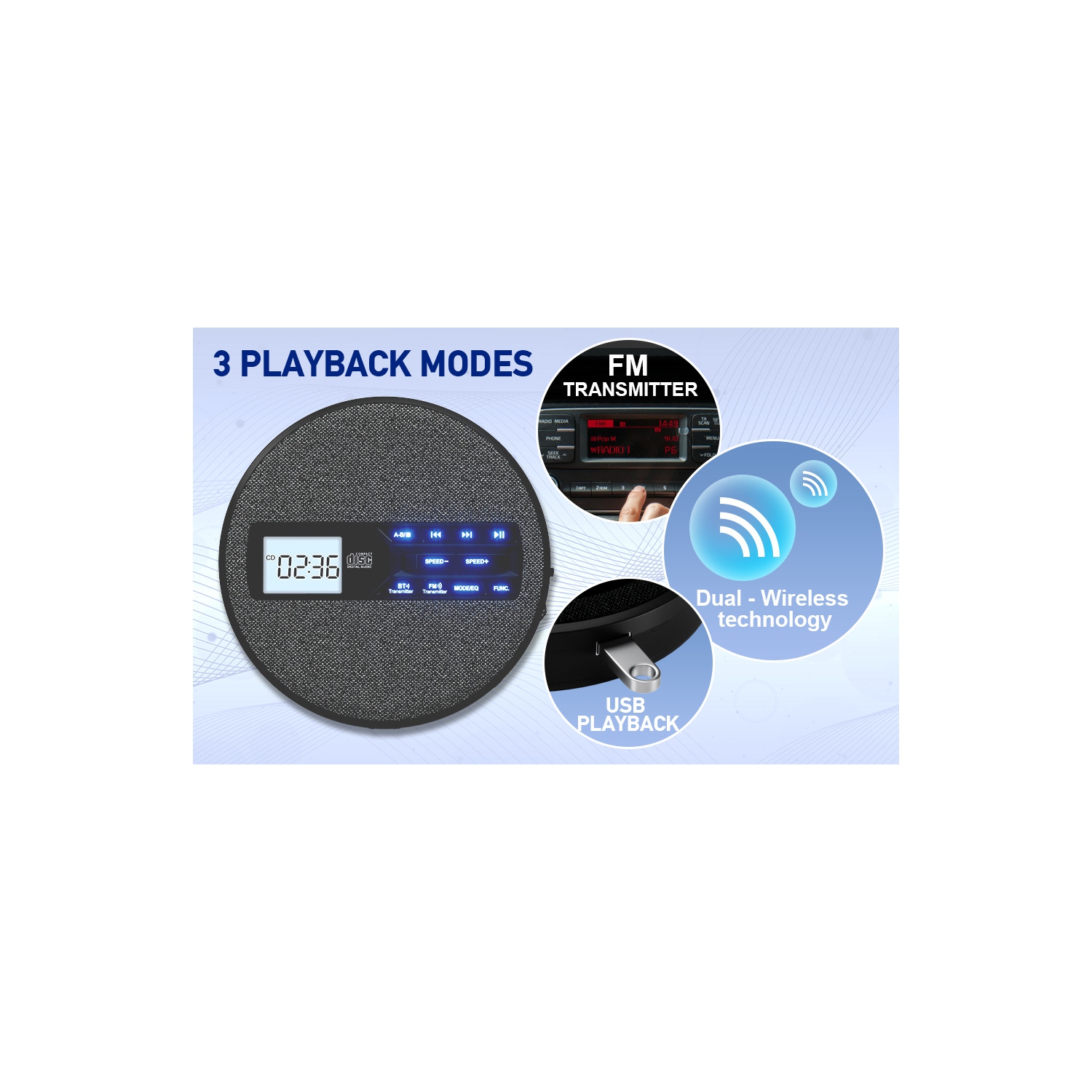 Lecteur CD multifonctionnel, double Bluetooth, deux haut-parleurs stéréo, émetteur FM, répéteur, Walkman - Gris foncé