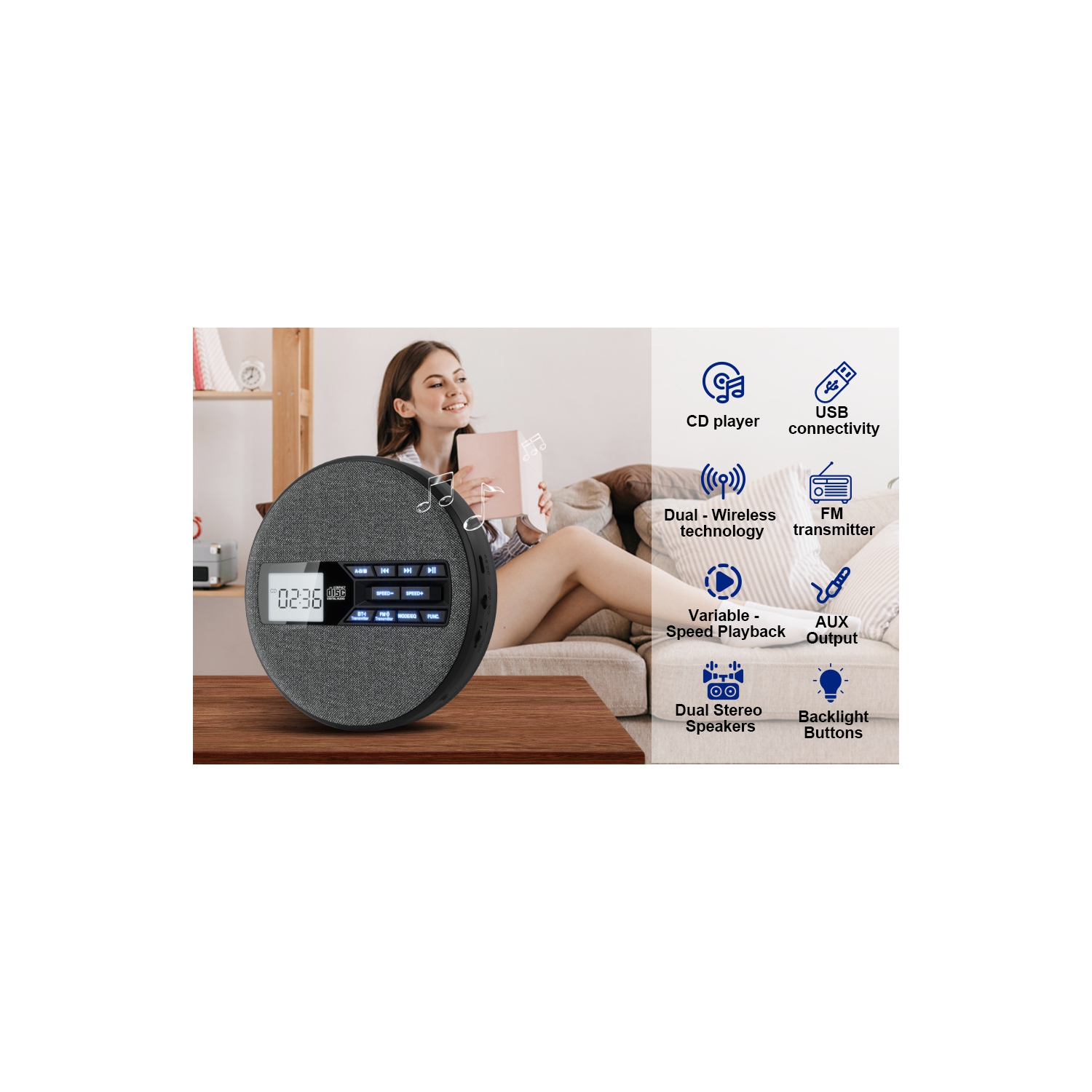 Lecteur CD multifonctionnel, double Bluetooth, deux haut-parleurs stéréo, émetteur FM, répéteur, Walkman - Gris foncé