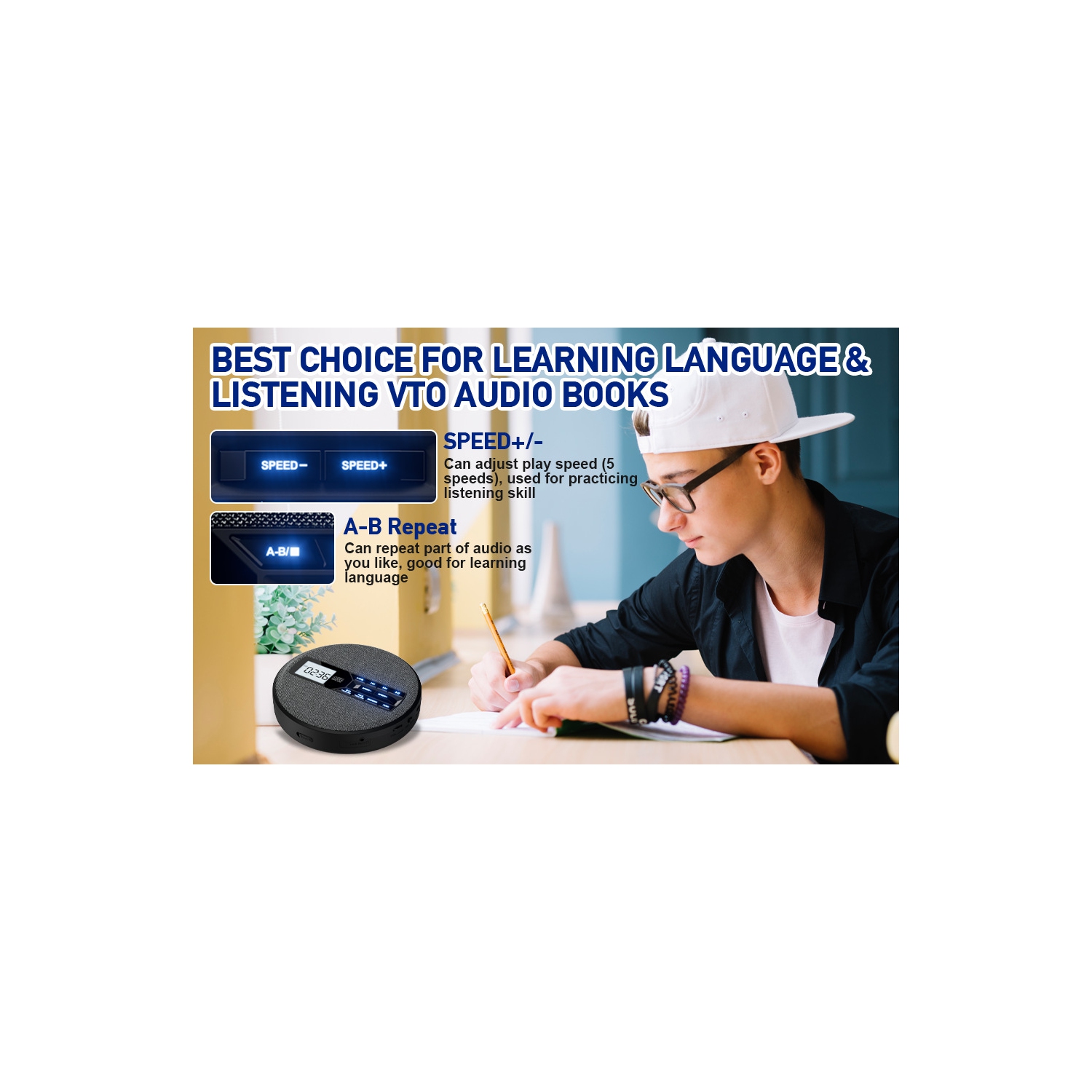 Lecteur CD multifonctionnel, double Bluetooth, deux haut-parleurs stéréo, émetteur FM, répéteur, Walkman - Gris foncé