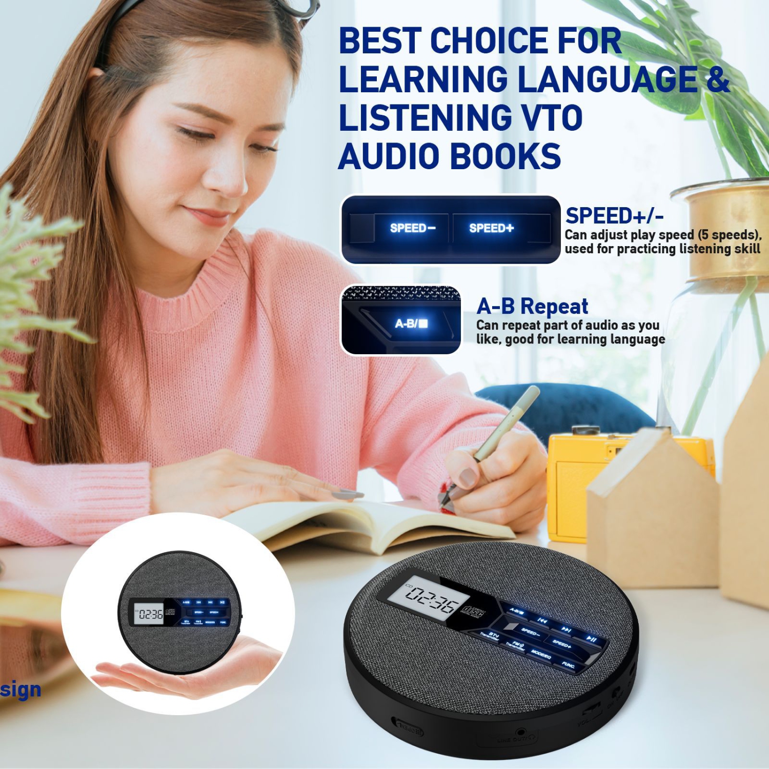 Lecteur CD multifonctionnel, double Bluetooth, deux haut-parleurs stéréo, émetteur FM, répéteur, Walkman - Gris foncé