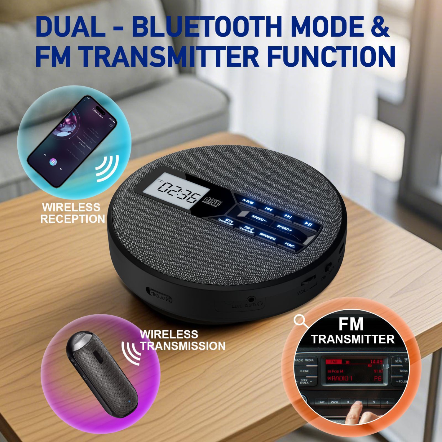 Lecteur CD multifonctionnel, double Bluetooth, deux haut-parleurs stéréo, émetteur FM, répéteur, Walkman - Gris foncé