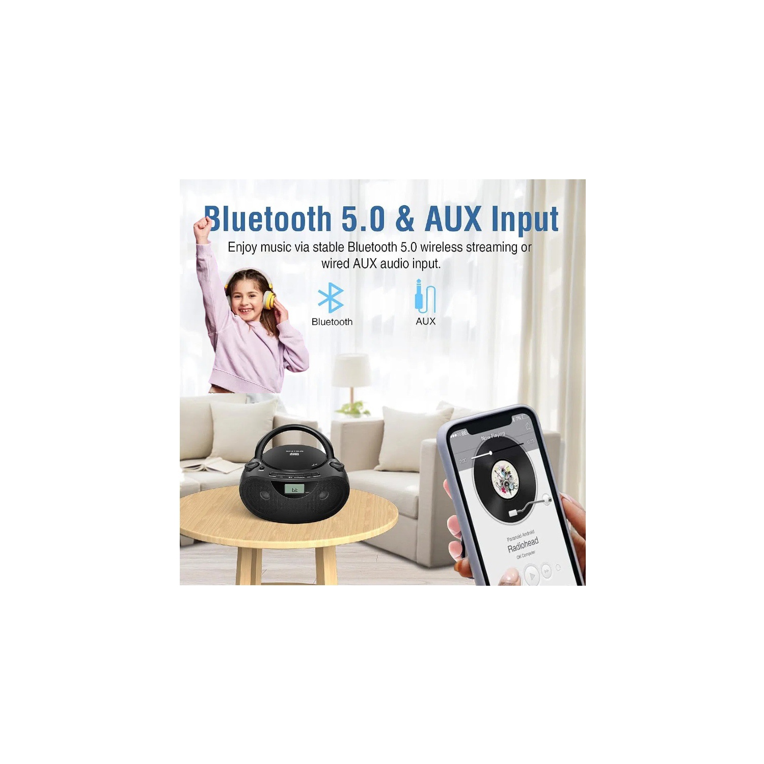 Lecteur CD multifonctionnel, Bluetooth, deux haut-parleurs stéréo, interface USB, radio, Portatif, idéal pour les amateurs de musique nostalgique