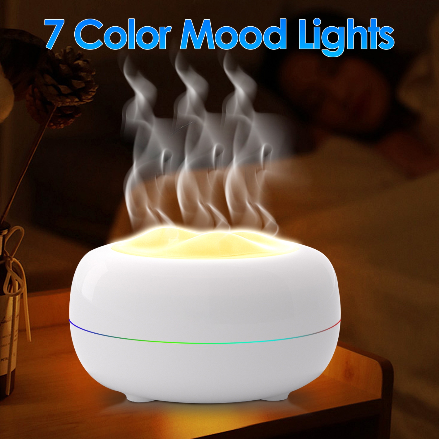Essential Oil Diffuser, Silent Bedroom Humidifier, 7-Color LED Ultrasonic Aromatherapy Mist Diffuser for Room and Office