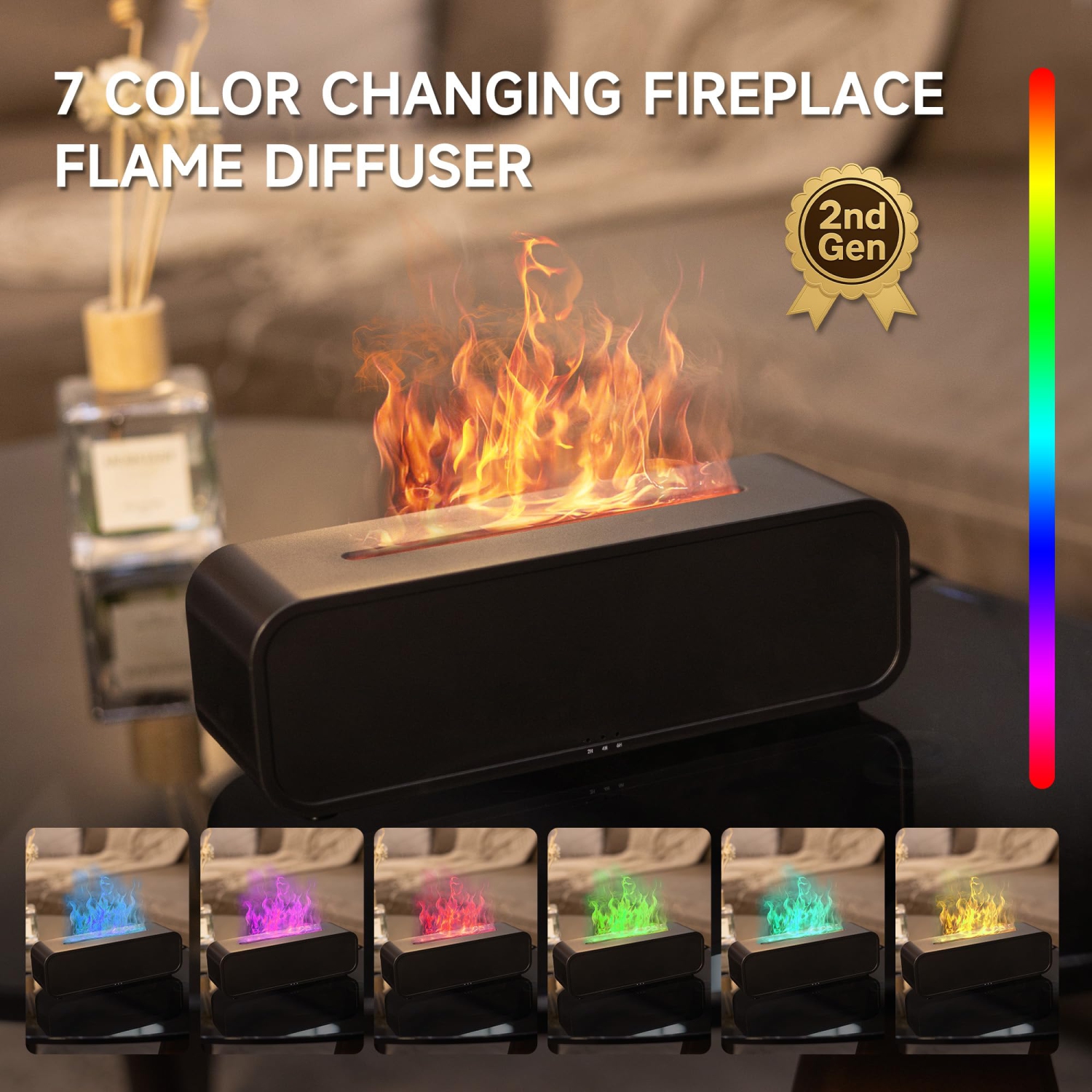 Humidificateur à flamme simulée, appareil d'aromathérapie à détection de son, diffuseur d'huile essentielle à 7 couleurs avec minuterie pour chambre