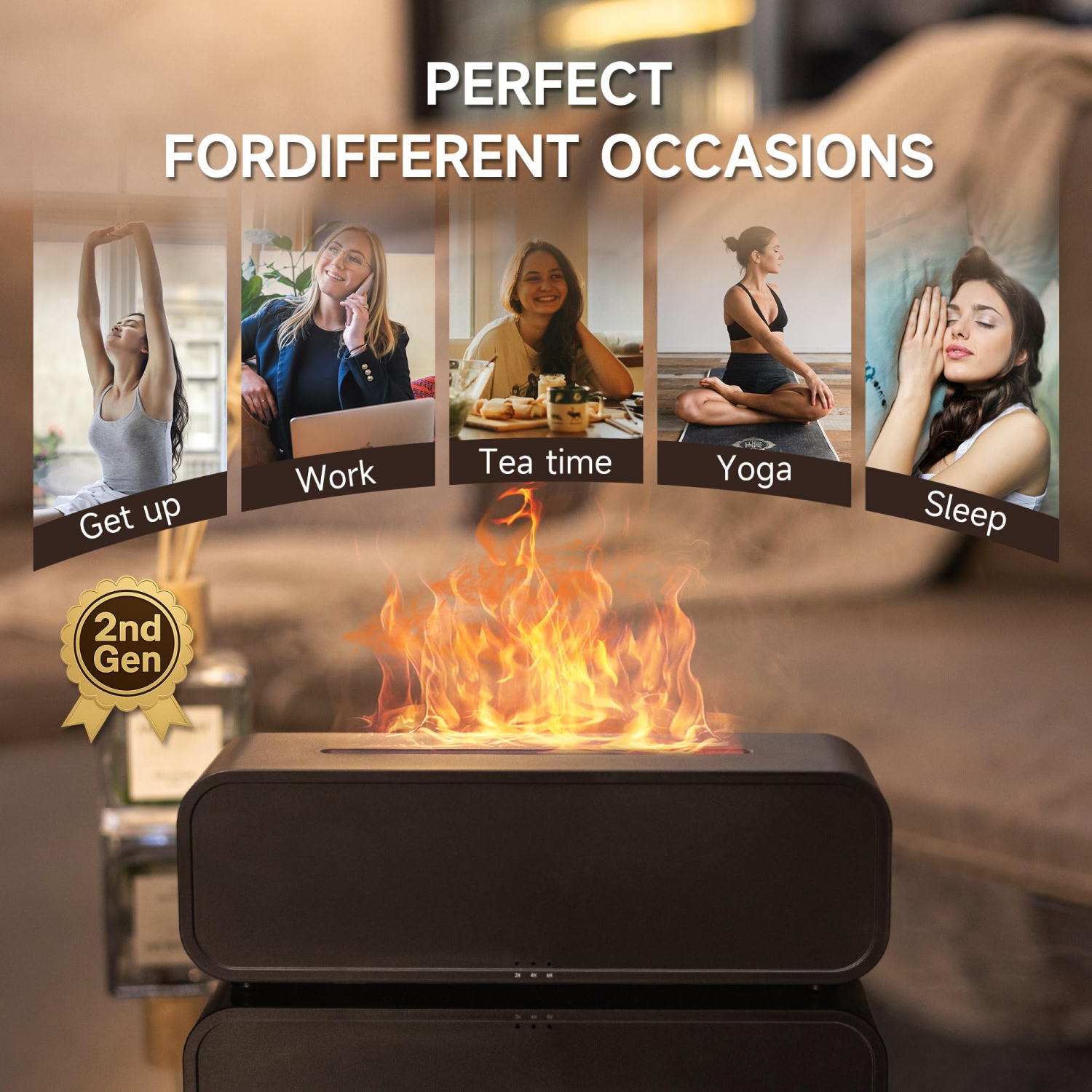 Humidificateur à flamme simulée, appareil d'aromathérapie à détection de son, diffuseur d'huile essentielle à 7 couleurs avec minuterie pour chambre