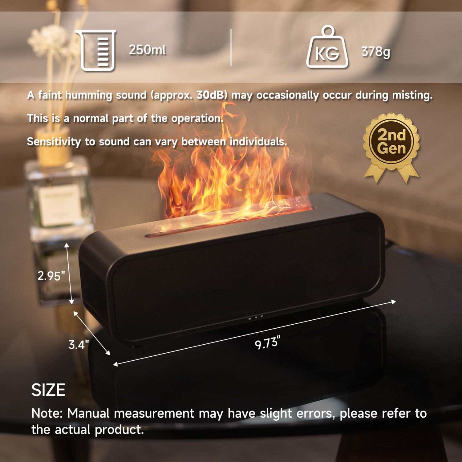 Humidificateur à flamme simulée, appareil d'aromathérapie à détection de son, diffuseur d'huile essentielle à 7 couleurs avec minuterie pour chambre