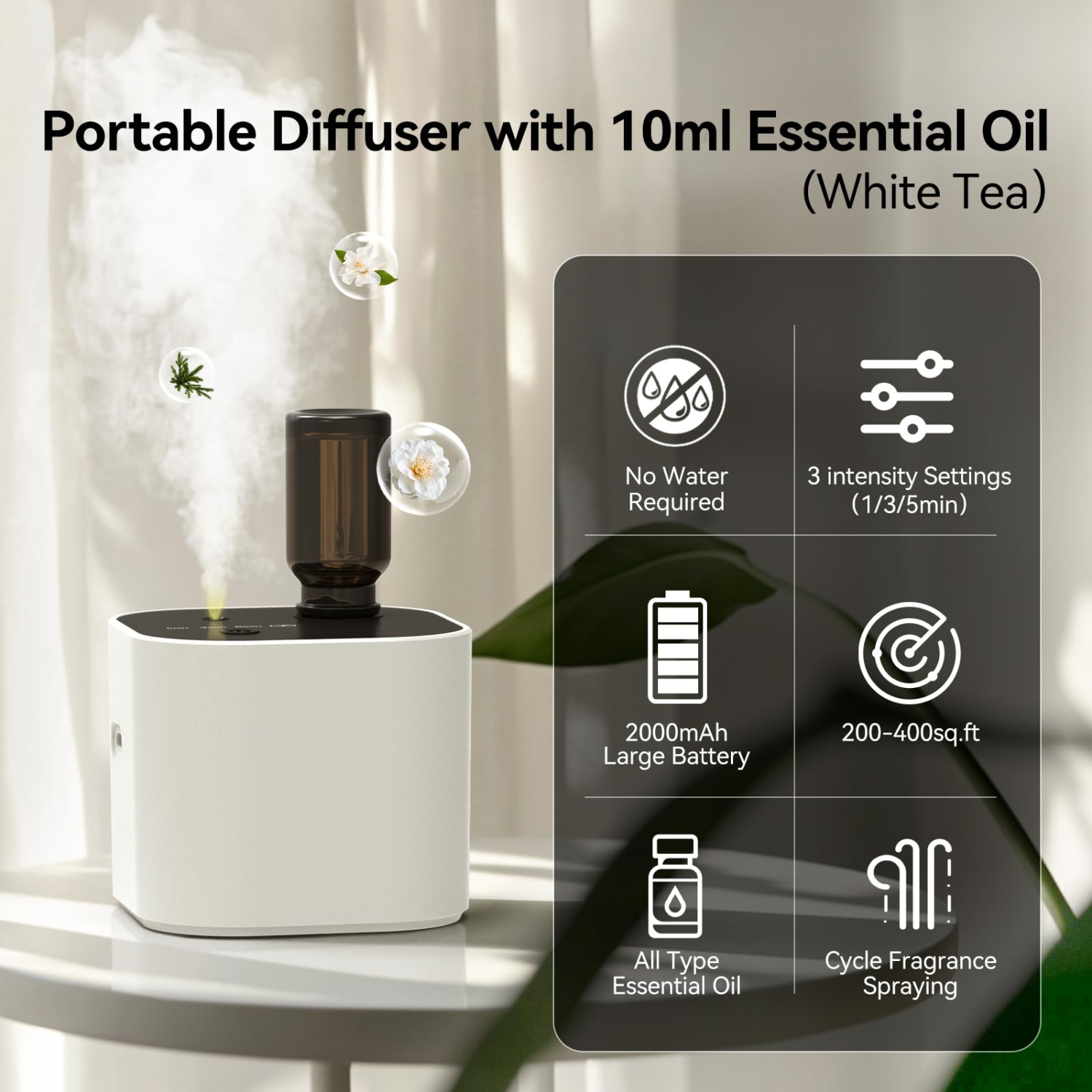 Portable Essential Oil Diffuser, Mini Waterless Aromatherapy Machine with Smart Timer for Home, Office, Bedroom