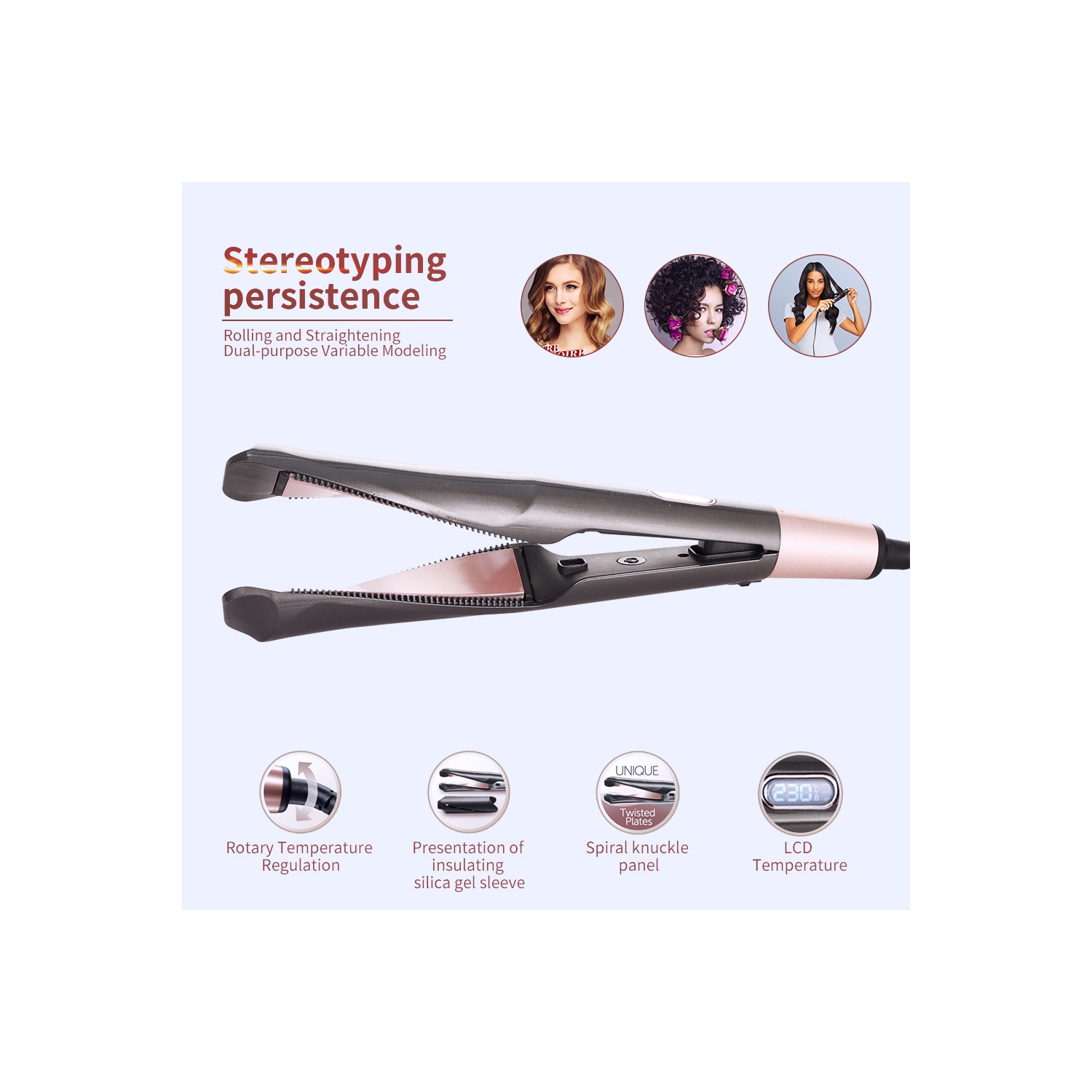 Curling Iron, Electric Automatic Spiral Curling Iron, 2-in-1 Twisted Straight Curling Iron Wave Splint, Temperature Display Adjustable Curling Iron