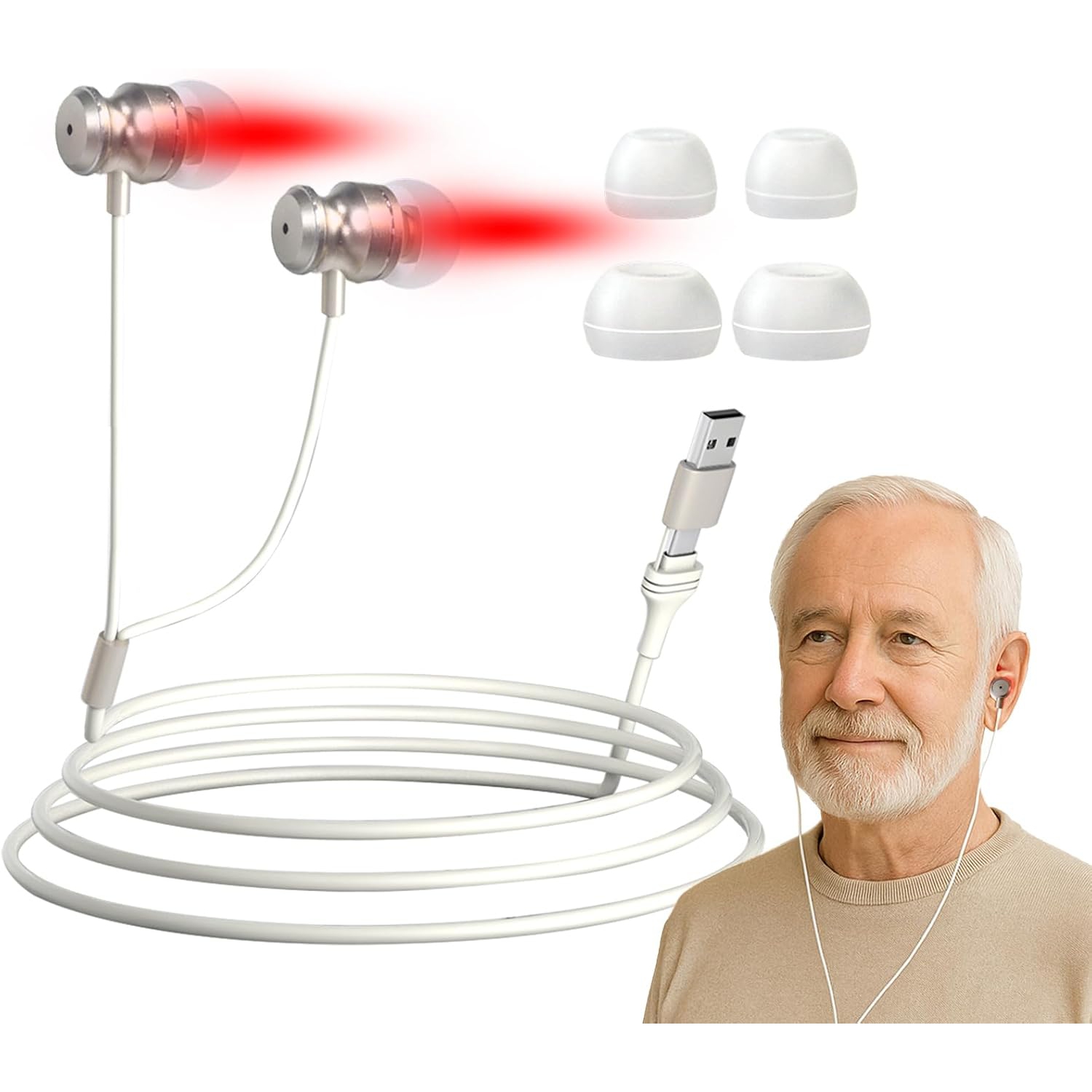 Appareil de thérapie à la lumière rouge, 650&nbsp;nm thérapeutique à la lumière rouge pour les oreilles avec USB et type C, Écouteurs boutons