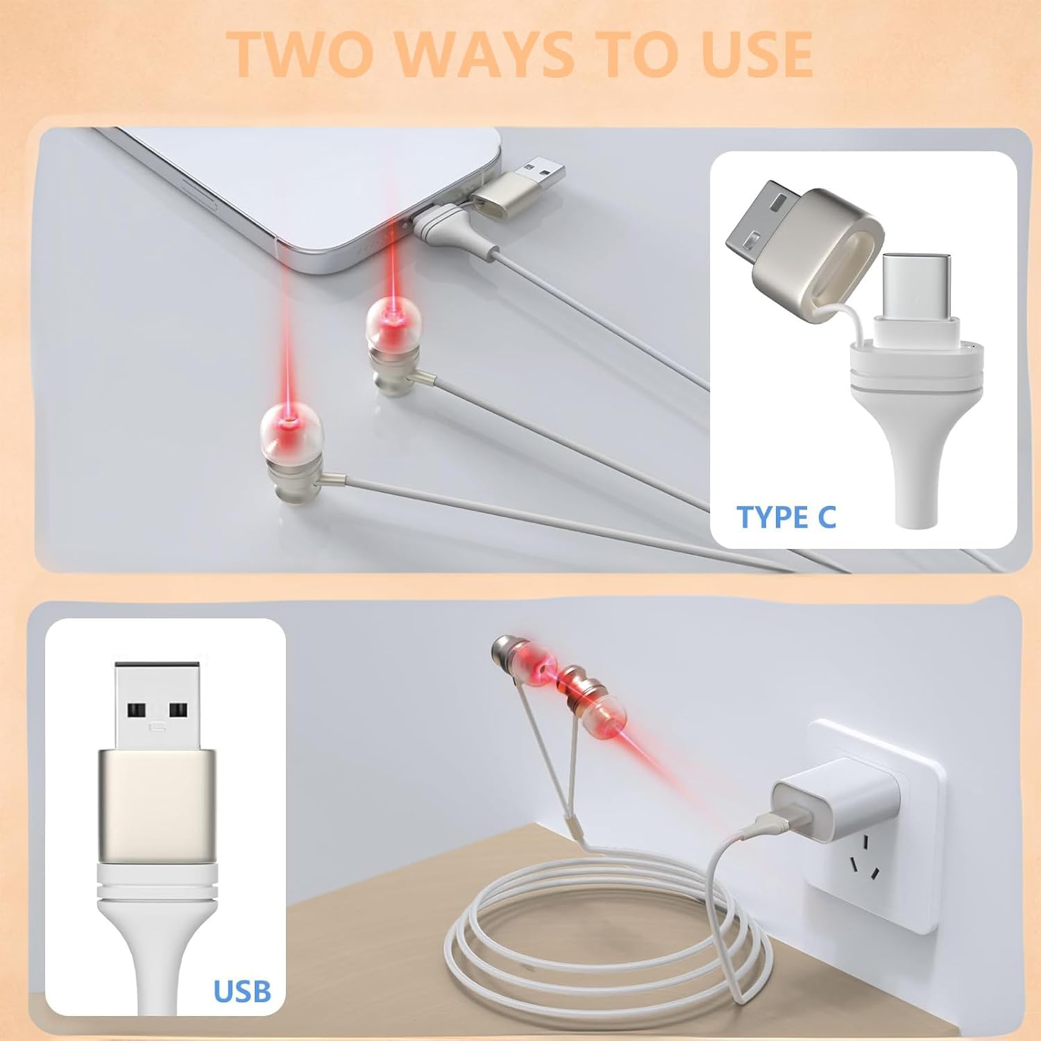 Appareil de thérapie à la lumière rouge, 650&nbsp;nm thérapeutique à la lumière rouge pour les oreilles avec USB et type C, Écouteurs boutons