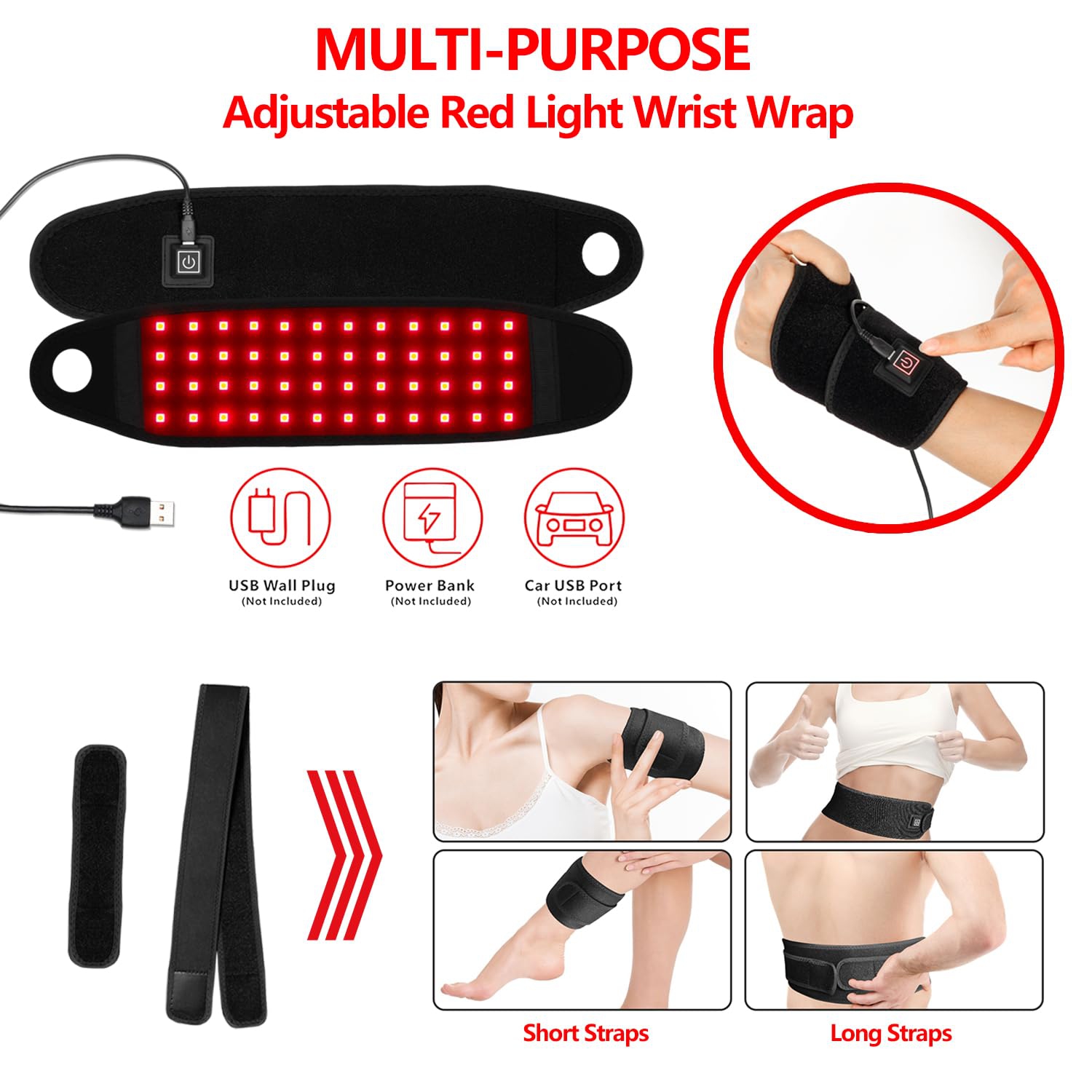 Red & Near Infrared Light Therapy Wrap Belt for Body,48 LEDs Red Light Therapy Wrap for Neck Hand Wrist,660nm & 850nm Light Therapy Belt for Recovery