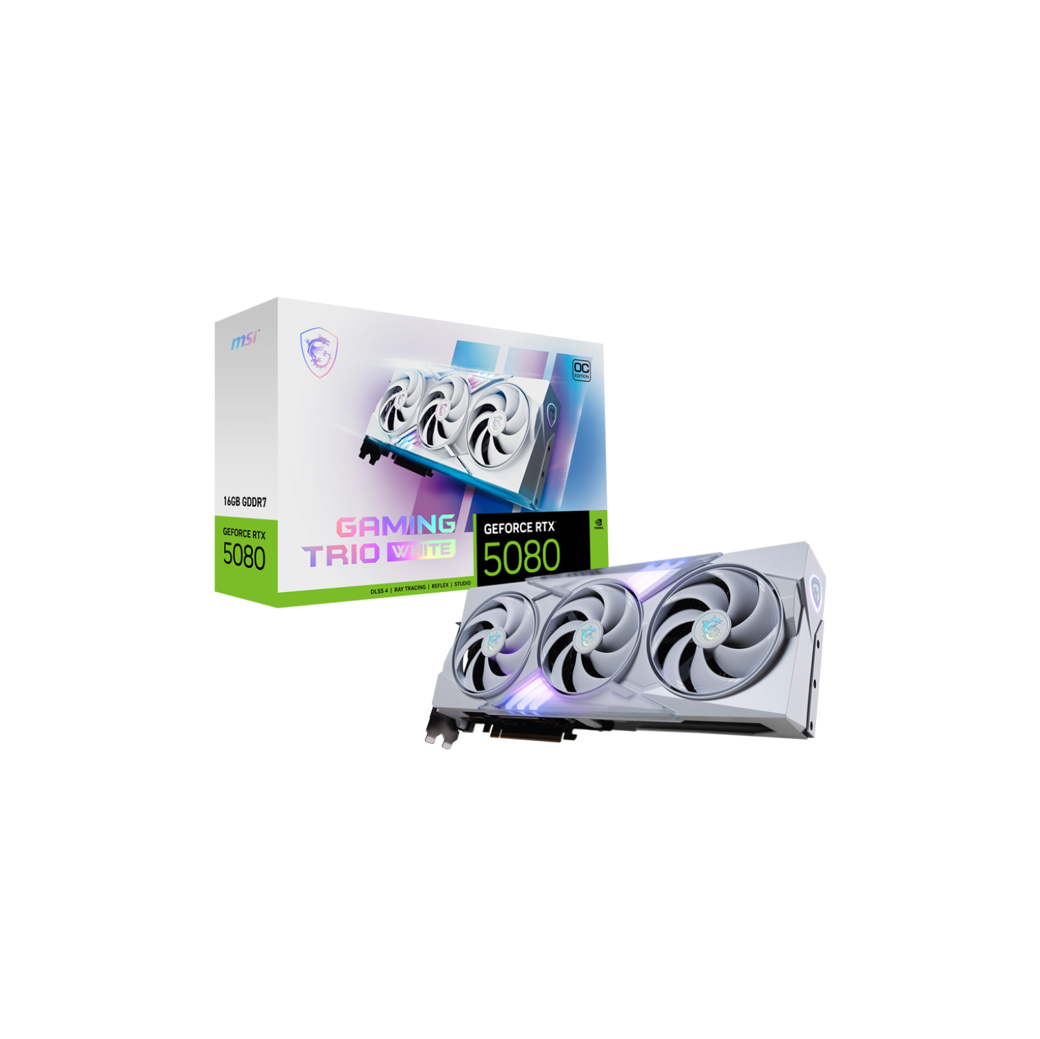 MSI Gaming RTX 5080 16G Gaming Trio OC White Graphics Card (16GB GDDR7, 256-bit, Extreme Clock 2715 MHz, DisplayPort x 3 2.1a, HDMI 2.1b, NVIDIA Blackwell Architecture)