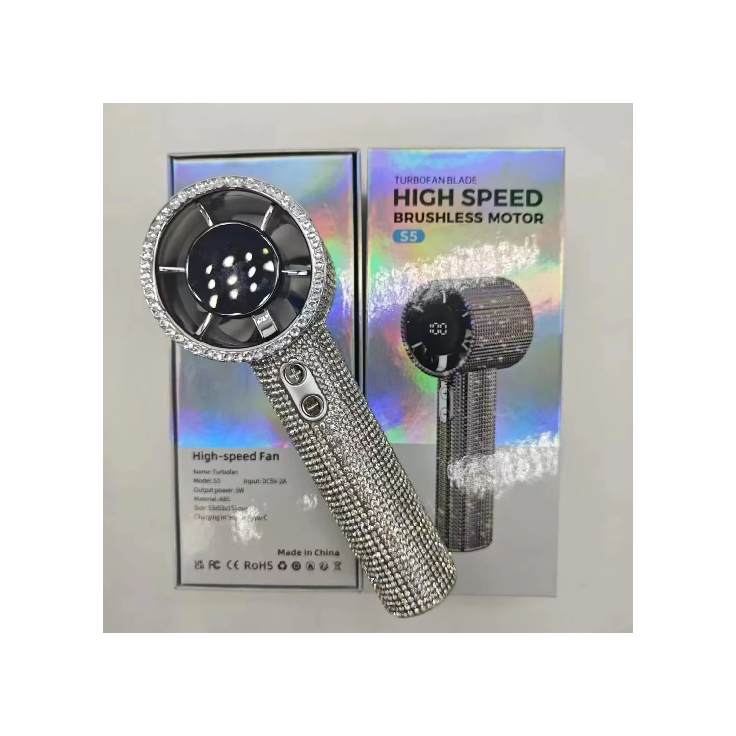 New S5 Diamond Handheld Small Fan 199-speed Digital Display High-speed Fan Outdoor Portable High-speed Fan High-speed Cooling Stepless Speed