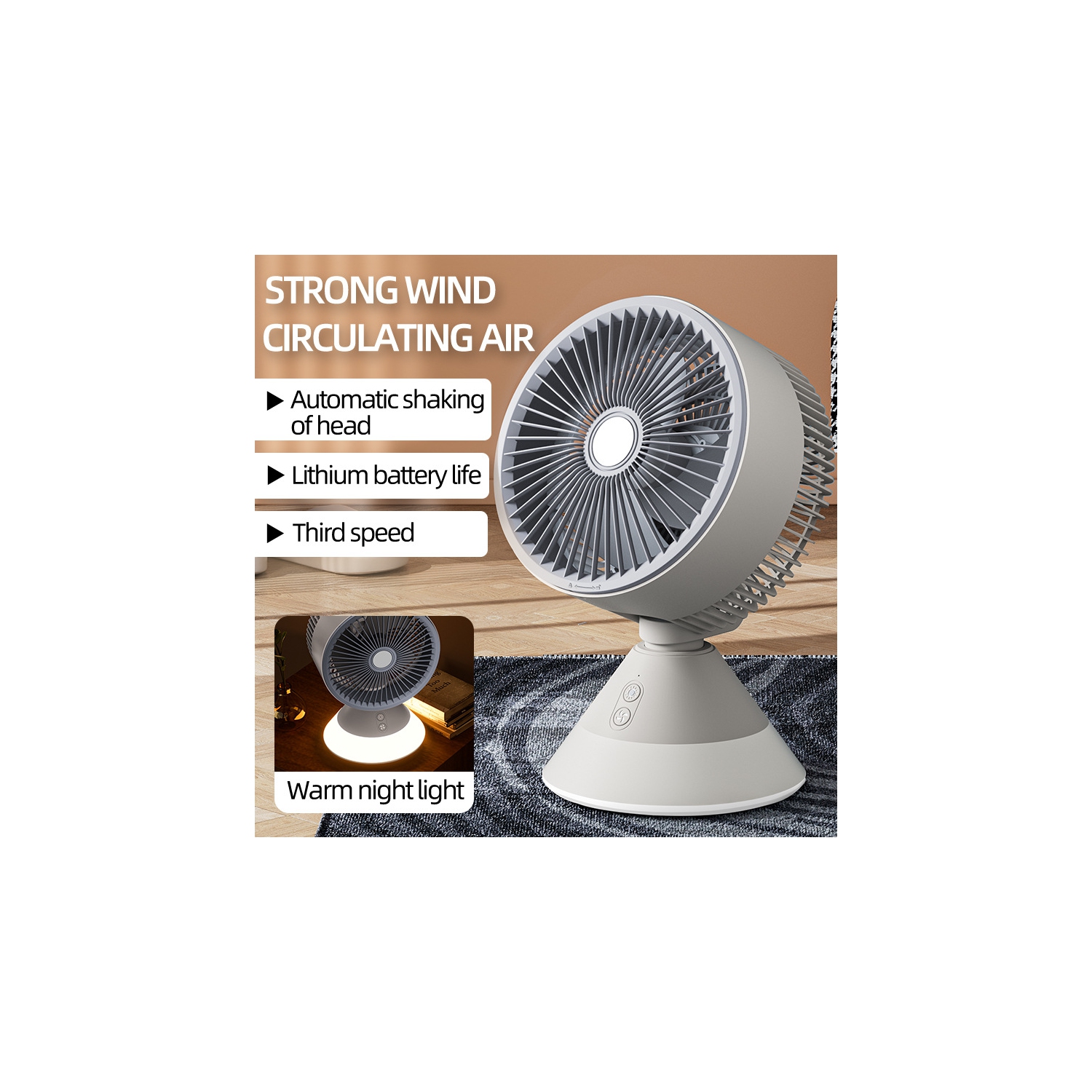 New desktop fan usb type-c fan night light shaking head fan - white desktop circulation fan