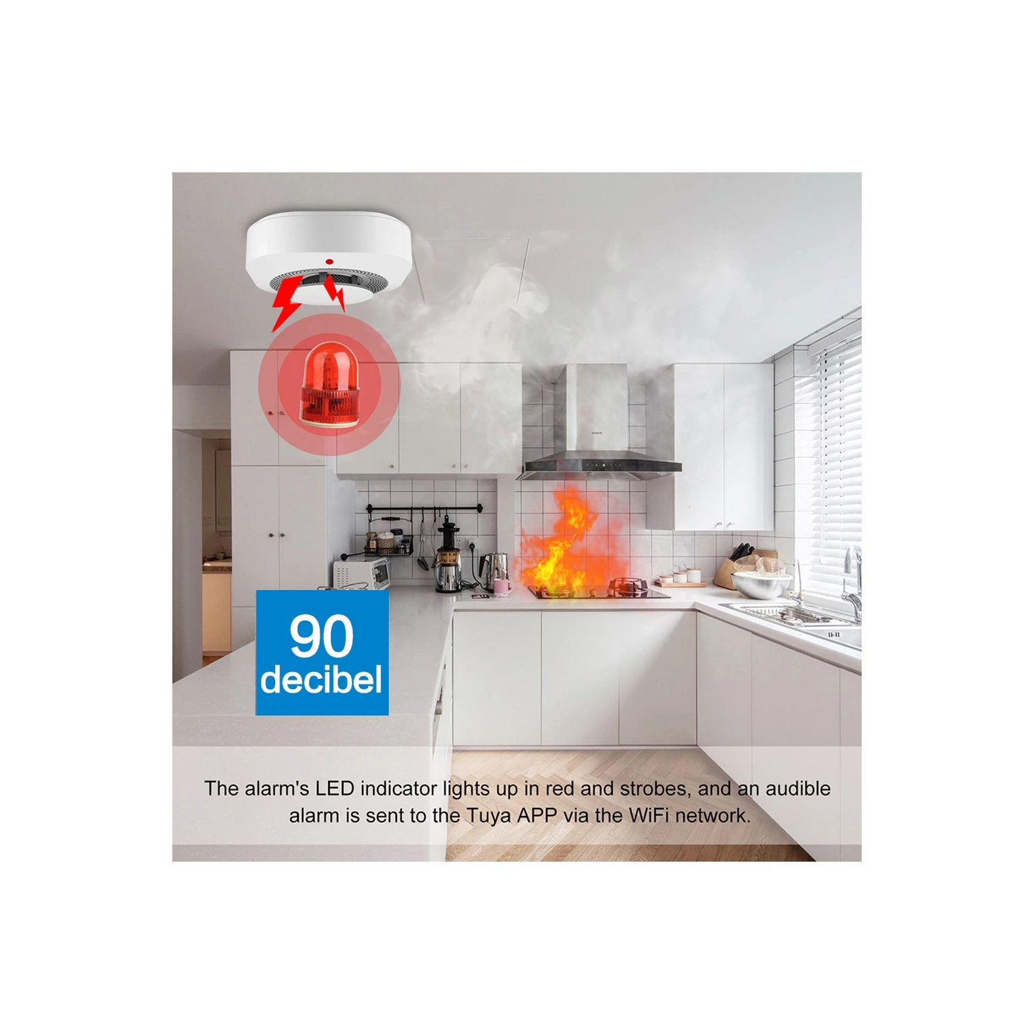 Détecteur de fumée Tuya, Wi-Fi Home Smart Fire Protection Détecteur de fumée photoélectrique sans fil, alarme de risque d'incendie rapide-441-WiFi