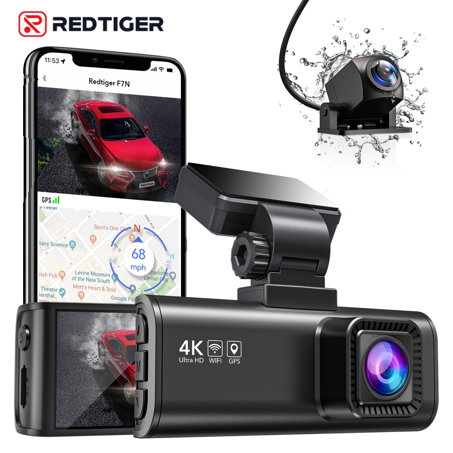 REDTIGER 4K Dash Cam Front and Rear,Built-in WiFi GPS 4K+1080P Dual Dash Camera for Cars,3.18 inch Display Dashcam,170° Wide Angle Dashboard Camera