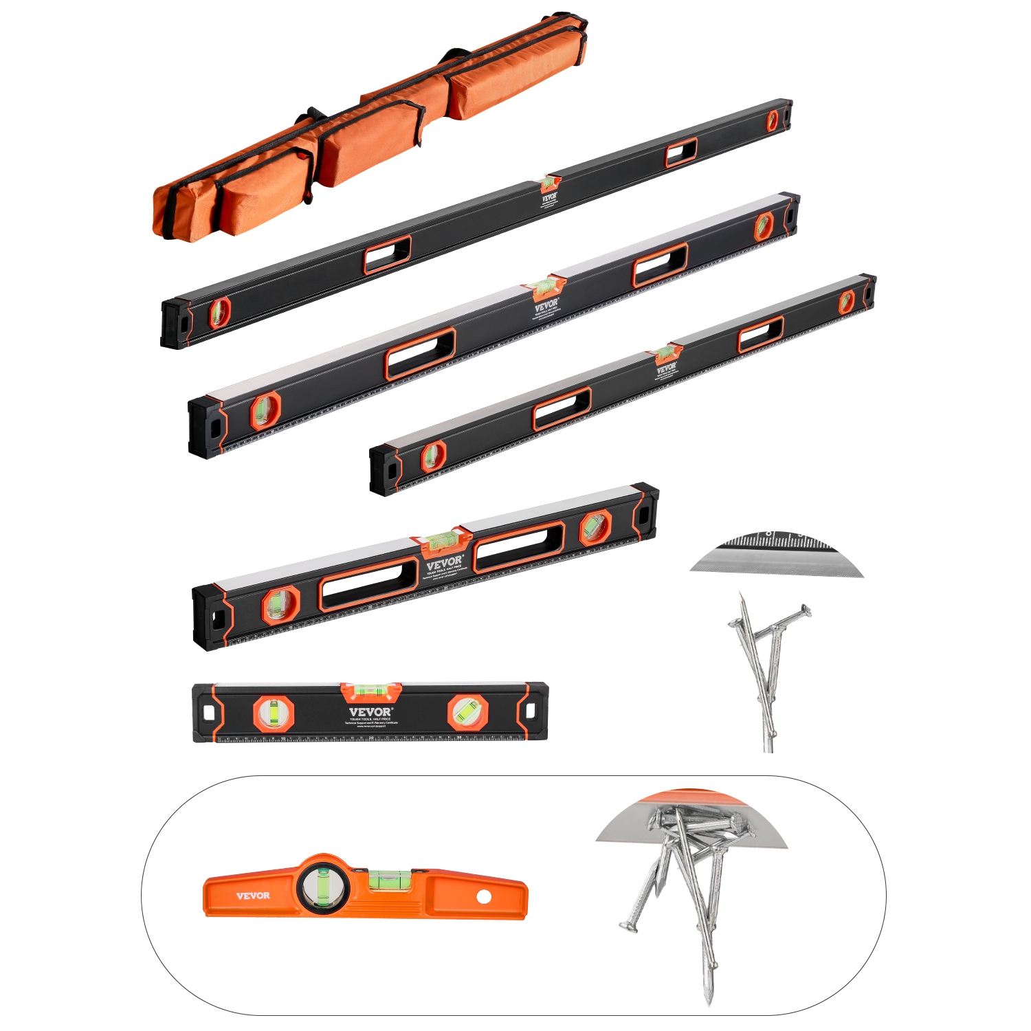 VEVOR 6-Piece Torpedo Level, 78/48/32/24/16/10 Inch Box Levels Set, Bubble Vials for 45/90/180°, Shock-Proof Al Alloy Magnetic Tool, SAE/Metric