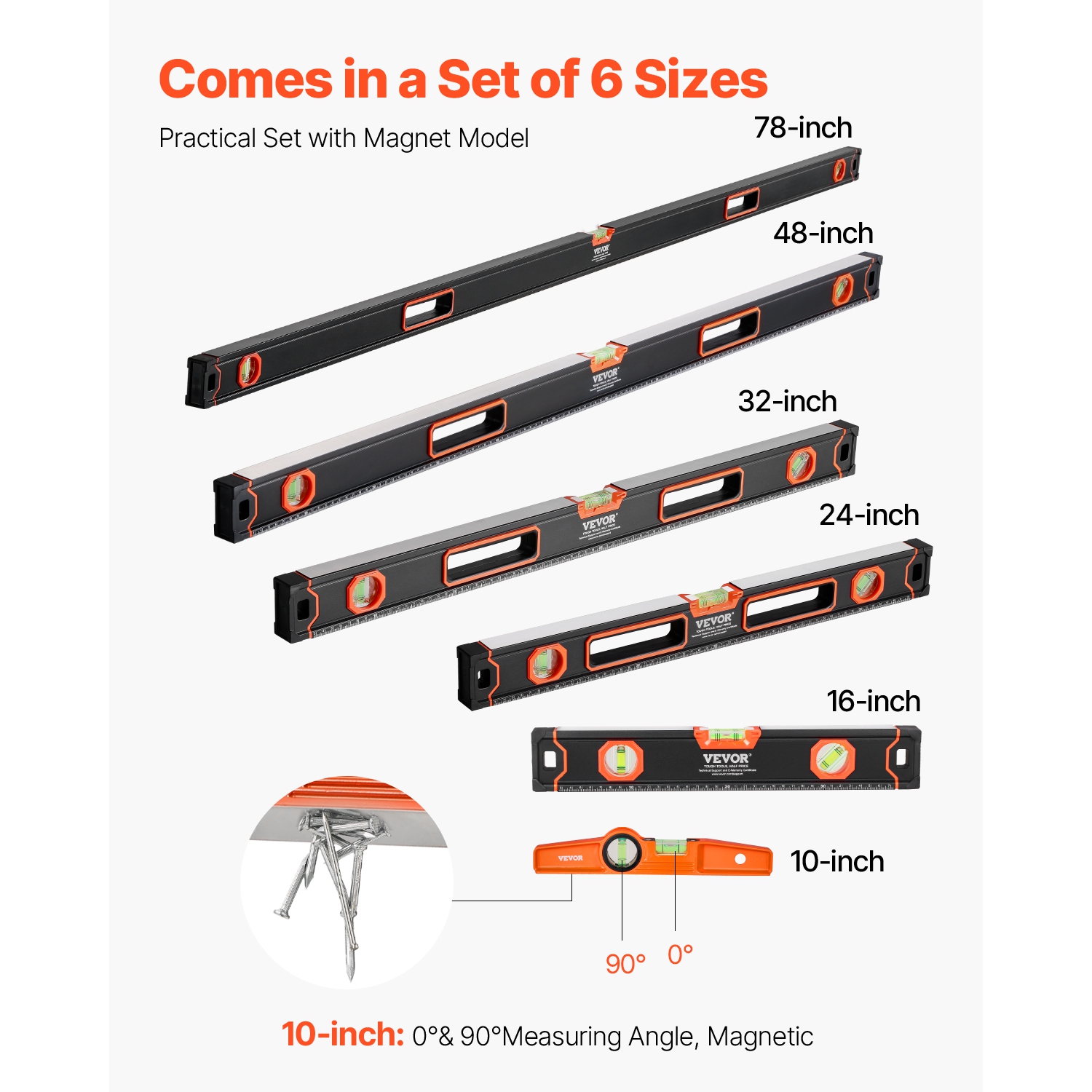 VEVOR 6-Piece Torpedo Level, 78/48/32/24/16/10 Inch Box Levels Set, Bubble Vials for 45/90/180°, Shock-Proof Al Alloy Magnetic Tool, SAE/Metric