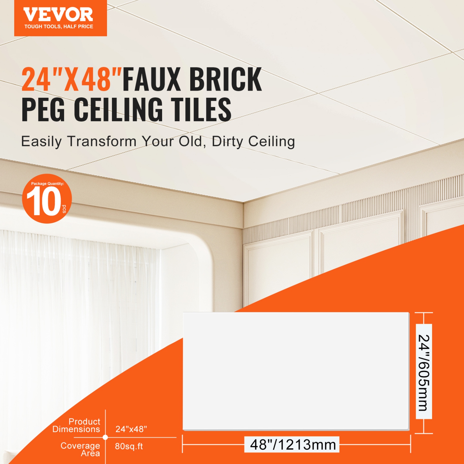 VEVOR 10 Packs Ceiling Tiles, 24 x 48 in, Premium PVC Foam Sheet, Fire-Rated & Good Flexibility & Easy Installation, Ceiling Covering for Home/Office