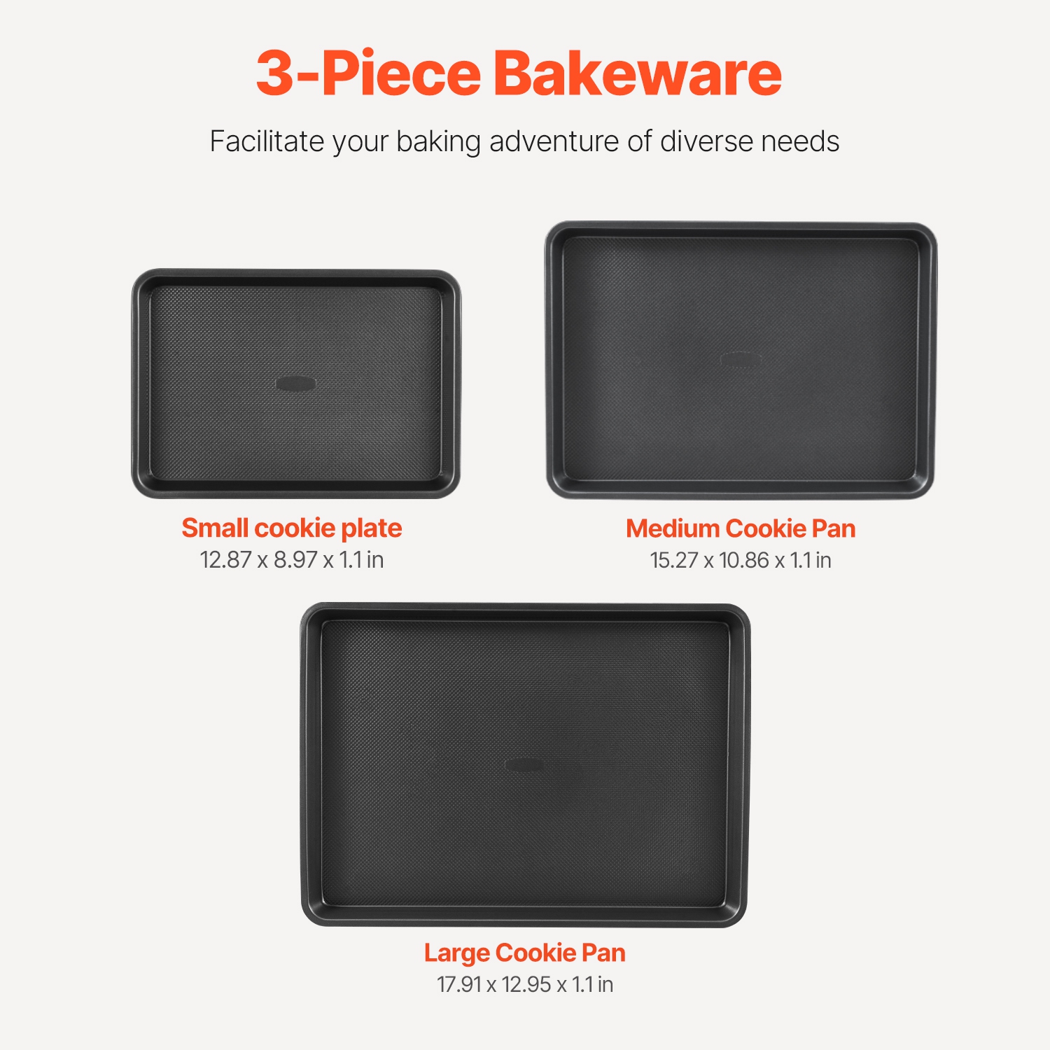VEVOR 3-Piece Baking Pans Set, Nonstick Carbon Steel Cookware Sheets & Trays, Stackable Kitchen Oven Bakeware Cooking Sets with Silicone Handles,