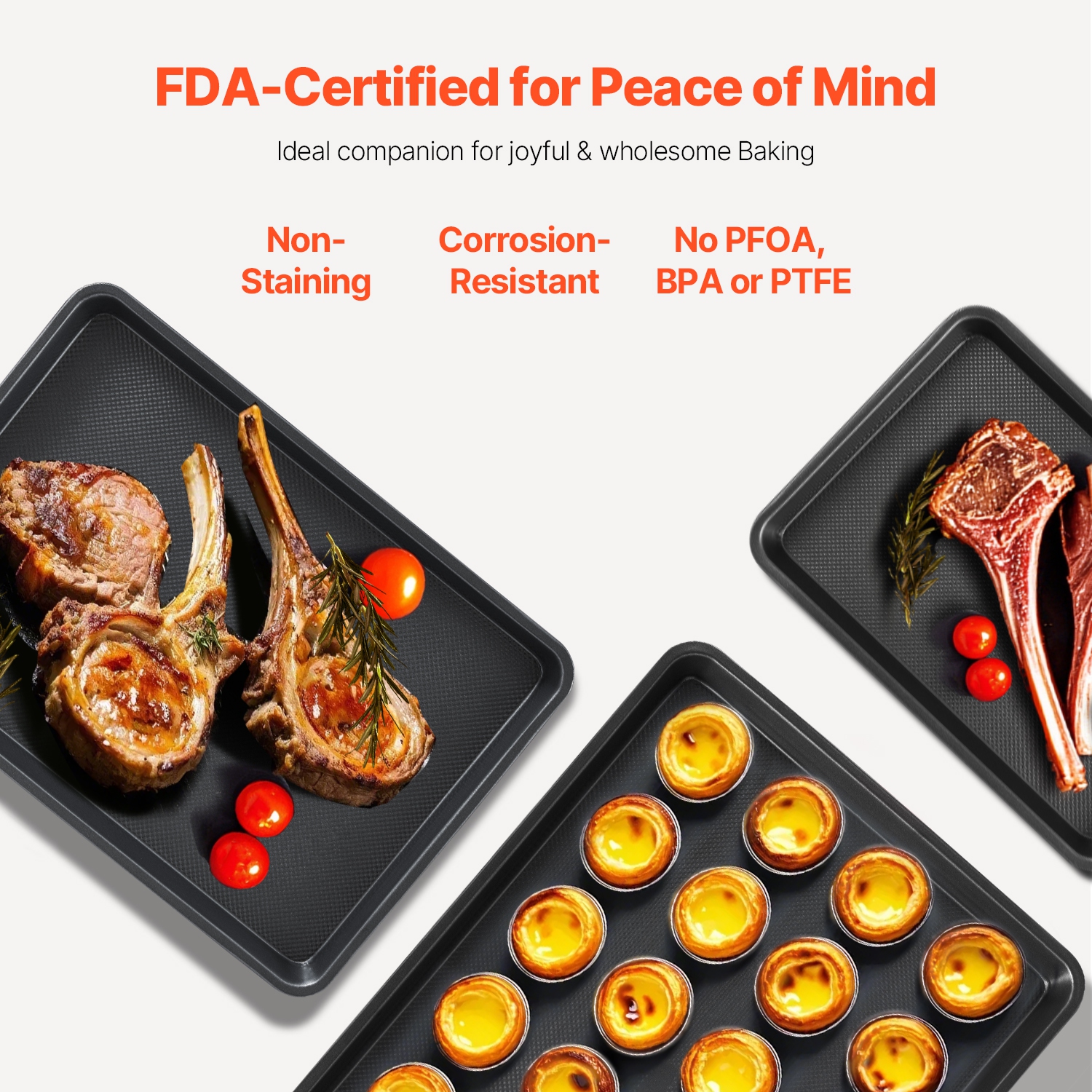 VEVOR 3-Piece Baking Pans Set, Nonstick Carbon Steel Cookware Sheets & Trays, Stackable Kitchen Oven Bakeware Cooking Sets with Silicone Handles,