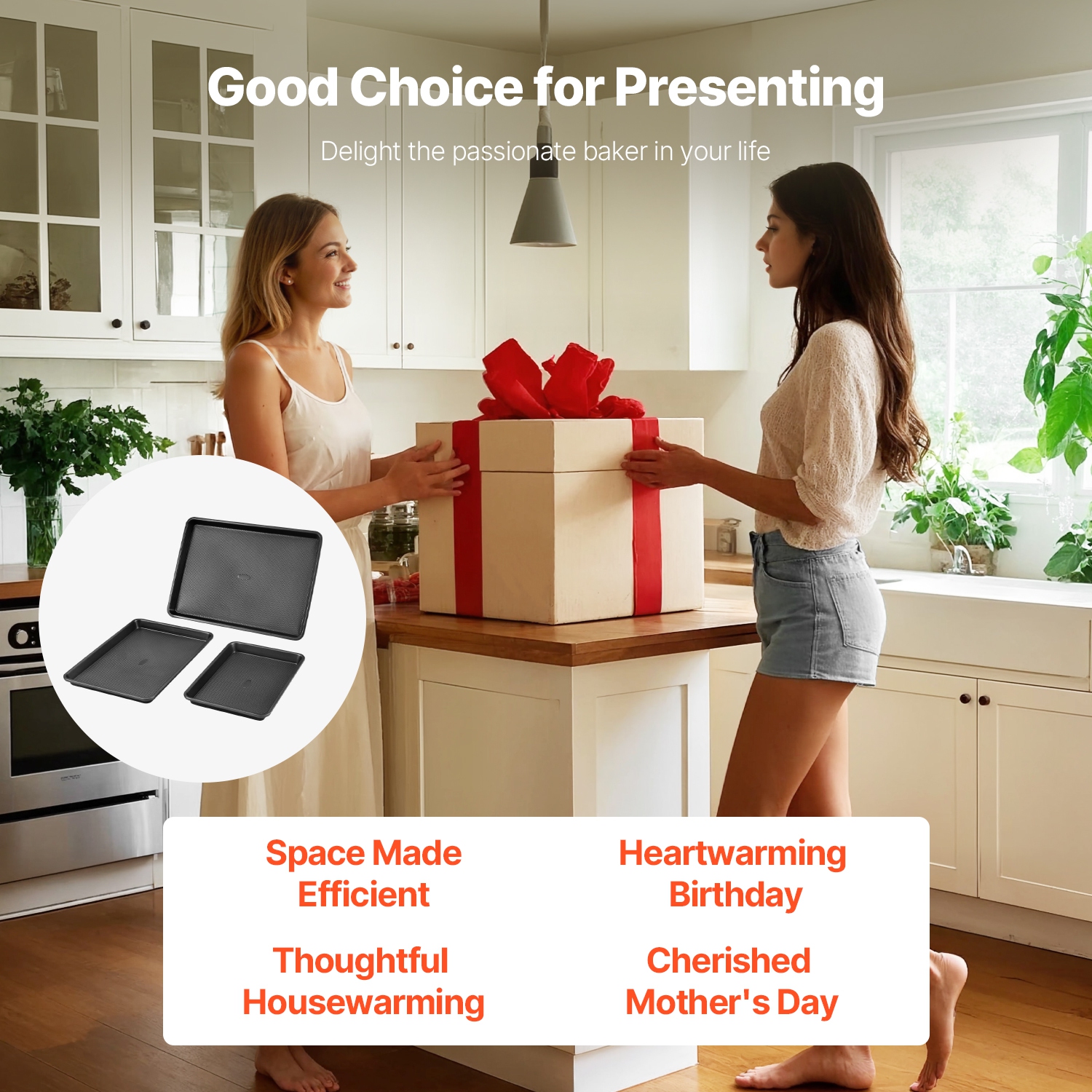 VEVOR 3-Piece Baking Pans Set, Nonstick Carbon Steel Cookware Sheets & Trays, Stackable Kitchen Oven Bakeware Cooking Sets with Silicone Handles,