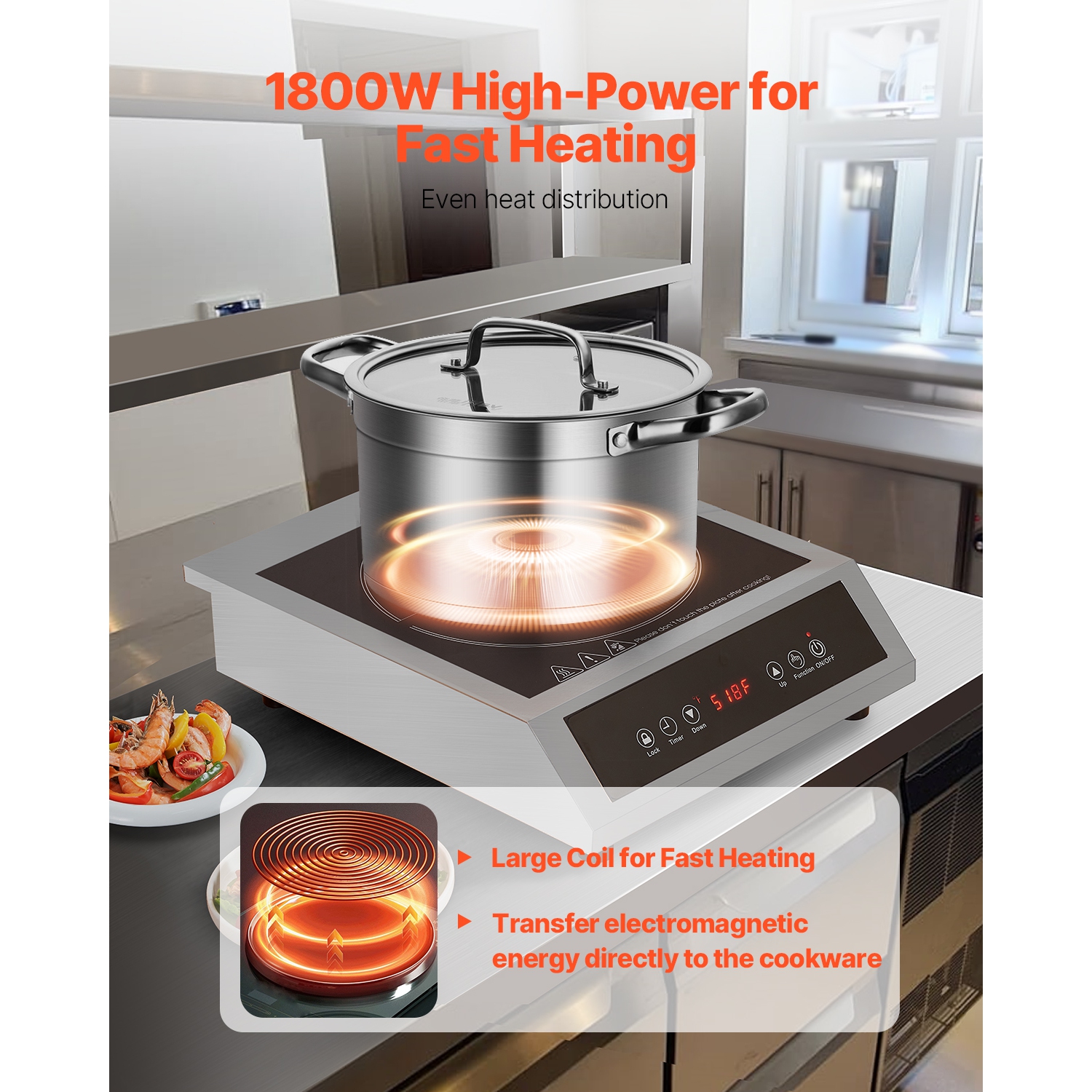 VEVOR 1800W Portable Induction Cooktop, Commercial Induction Burner with 9 Temperature Settings, Stainless Steel Countertop Induction Hot Plate with