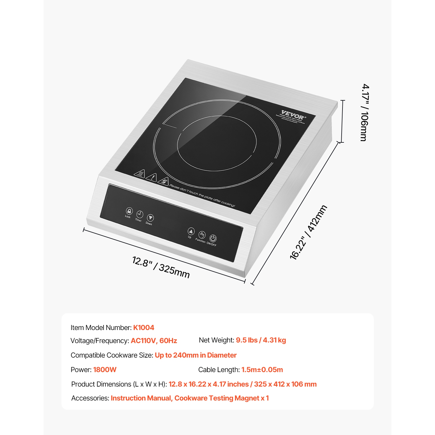 VEVOR 1800W Portable Induction Cooktop, Commercial Induction Burner with 9 Temperature Settings, Stainless Steel Countertop Induction Hot Plate with