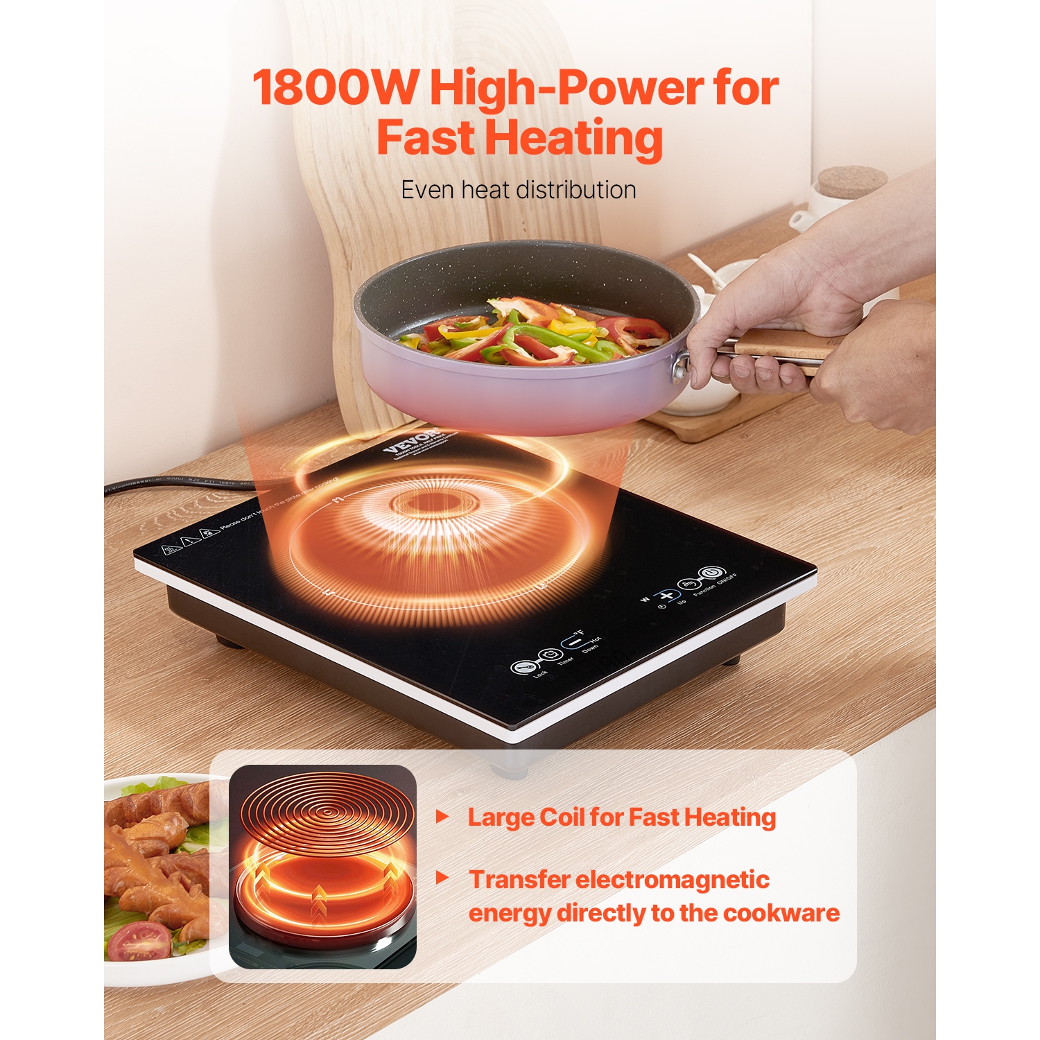 VEVOR 1800W Portable Induction Cooktop, Electric Induction Burner with 9 Temperature Settings, Countertop Induction Hot Plate with 3H Timer, Child