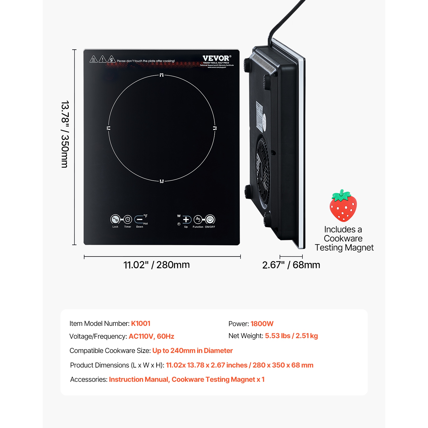 VEVOR 1800W Portable Induction Cooktop, Electric Induction Burner with 9 Temperature Settings, Countertop Induction Hot Plate with 3H Timer, Child