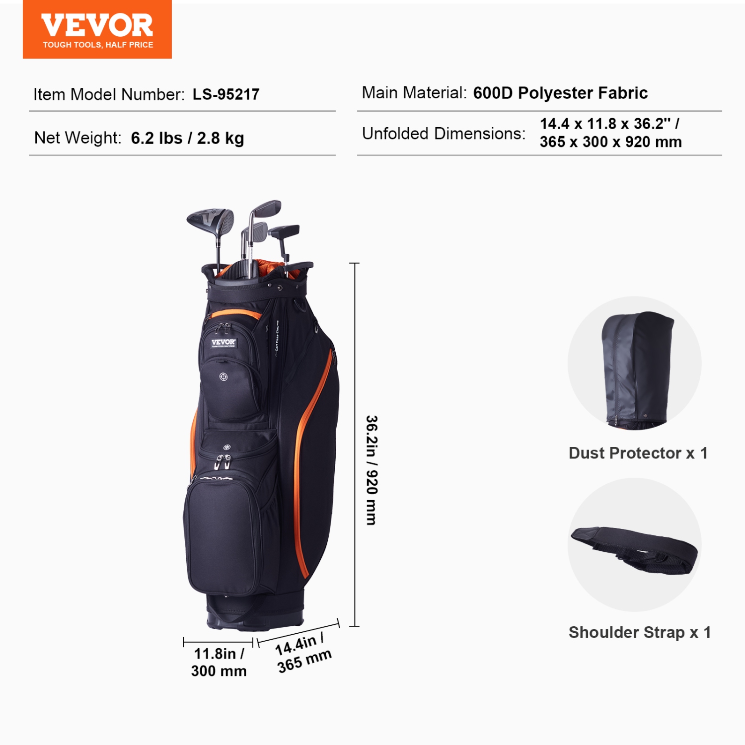 VEVOR 36” Golf Cart Bag with 14 Way Organizer Divider Top,13 Pockets Premium Cart Bag,Durable Golf Bags with Handles & Dust Cover & Detachable Straps