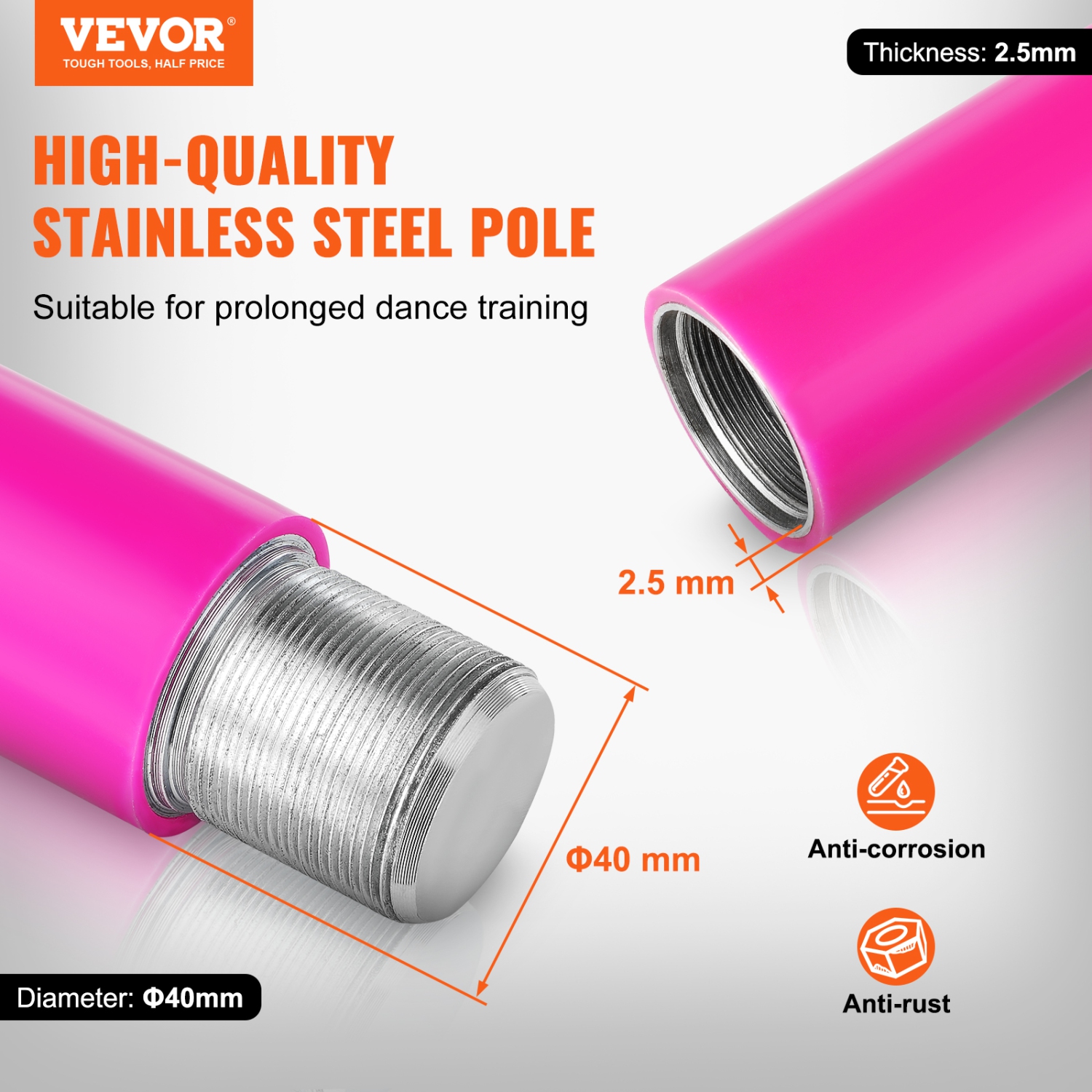 VEVOR 40mm Professional Dancing Pole, Spinning Static Dancing Pole Kit, Portable Removable Pole, Heavy-Duty Stainless Steel Pole, Height Adjustable