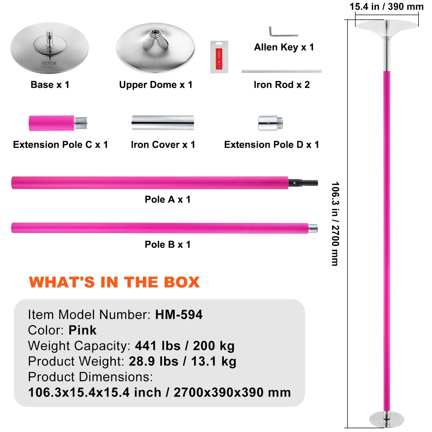 VEVOR 40mm Professional Dancing Pole, Spinning Static Dancing Pole Kit, Portable Removable Pole, Heavy-Duty Stainless Steel Pole, Height Adjustable