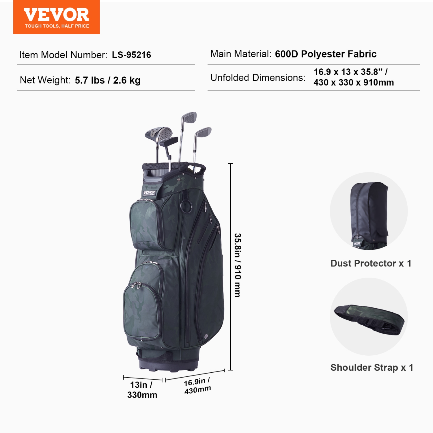 VEVOR 36” Golf Cart Bag with 14 Way Organizer Divider Top, 11 Pockets Premium Nylon Cart Bag, Durable Golf Bags with Handles & Dust Cover &