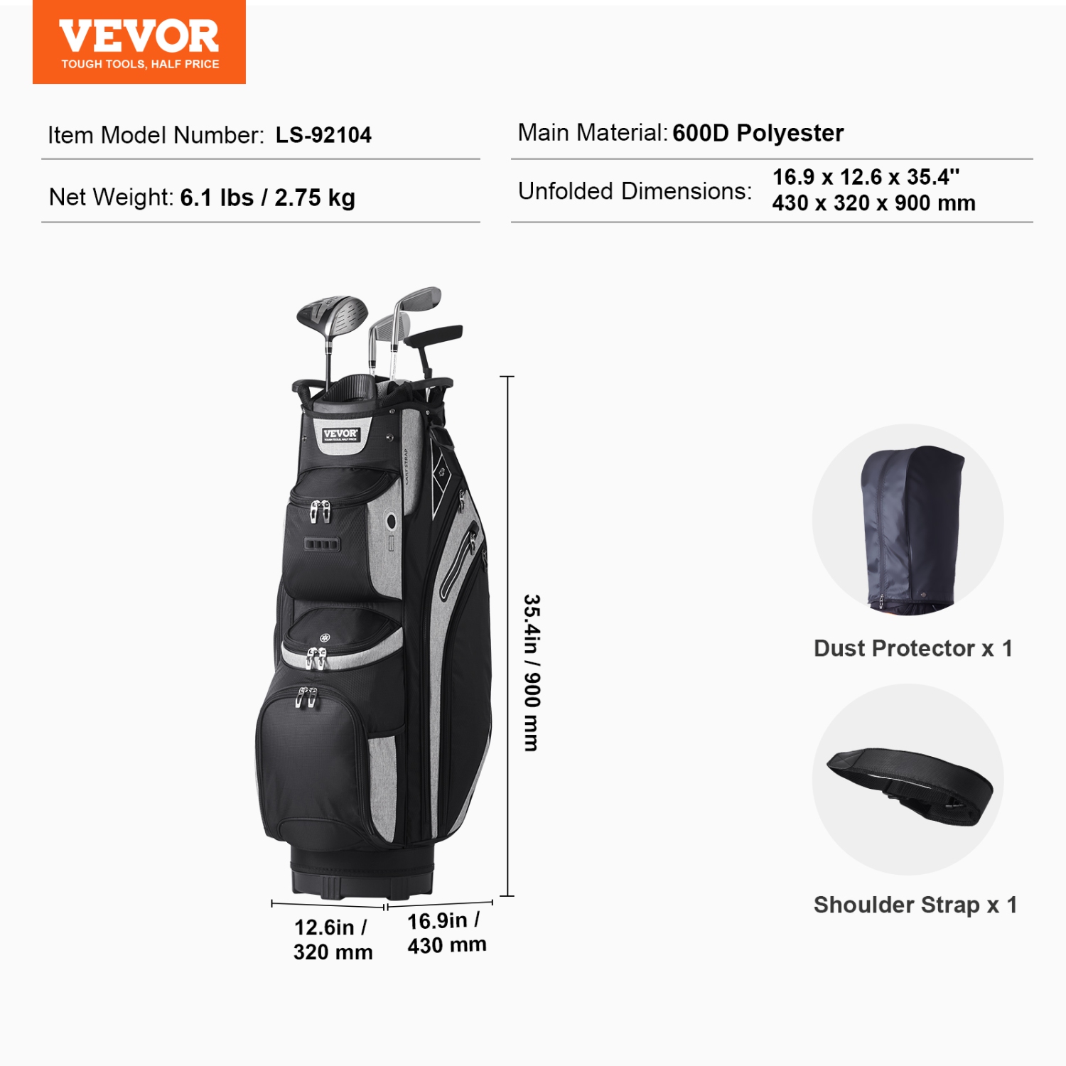 VEVOR 36” Golf Cart Bag with 14 Way Organizer Divider Top, 13 Pockets Premium Cart Bag, Durable Golf Bags with Handles & Dust Cover & Detachable