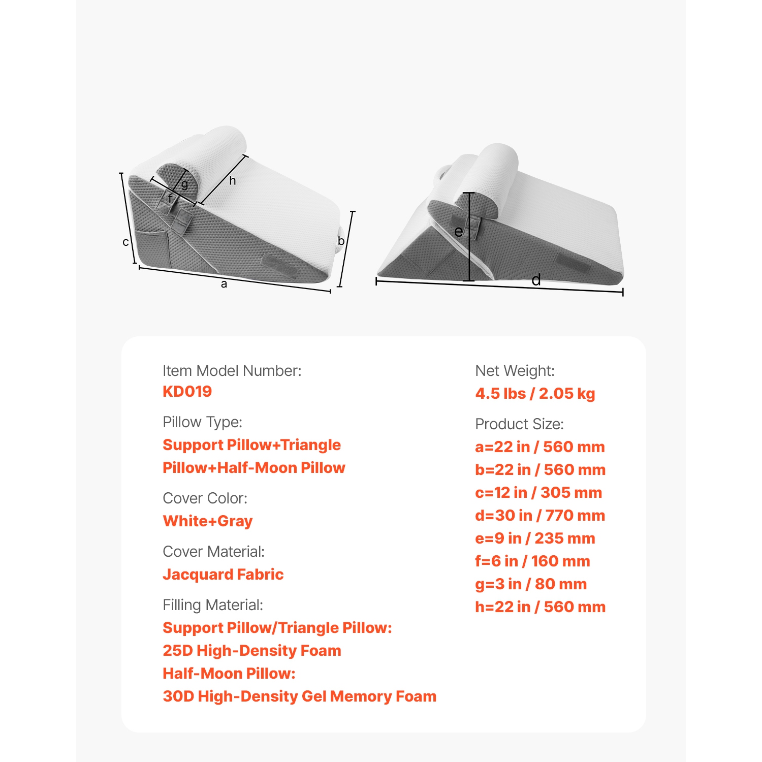 Oreiller de lit ajustable VEVOR, 3 pièces, avec housse lavable en jacquard et soutien en mousse, oreiller post-chirurgie pour soulagement des