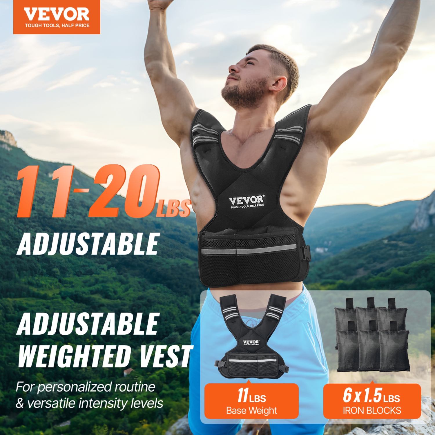 VEVOR 11-20lb Adjustable Weighted Vest, with 6 Ironsand Weights and Reflective Stripe, Body Exercise Set for Men Women, Equipment for Strength