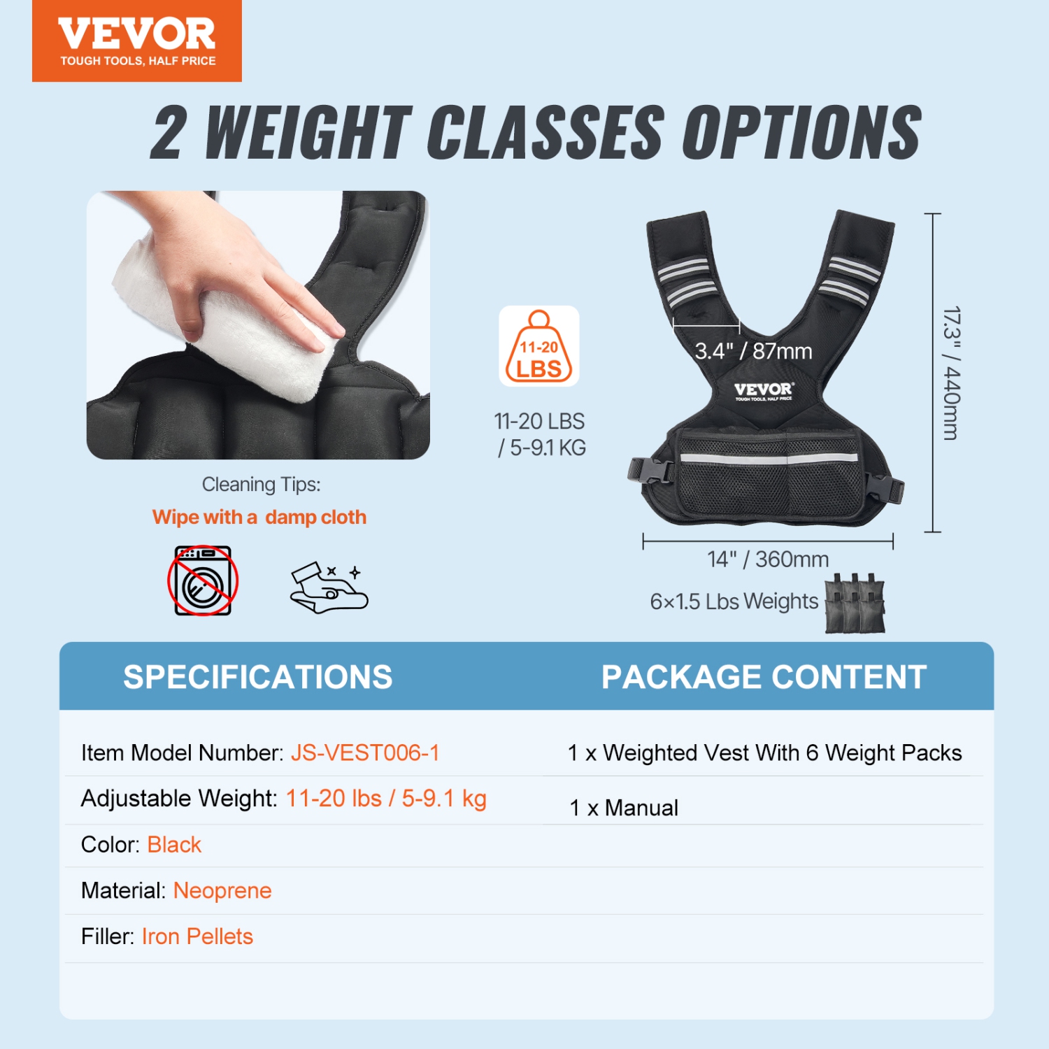 VEVOR 11-20lb Adjustable Weighted Vest, with 6 Ironsand Weights and Reflective Stripe, Body Exercise Set for Men Women, Equipment for Strength