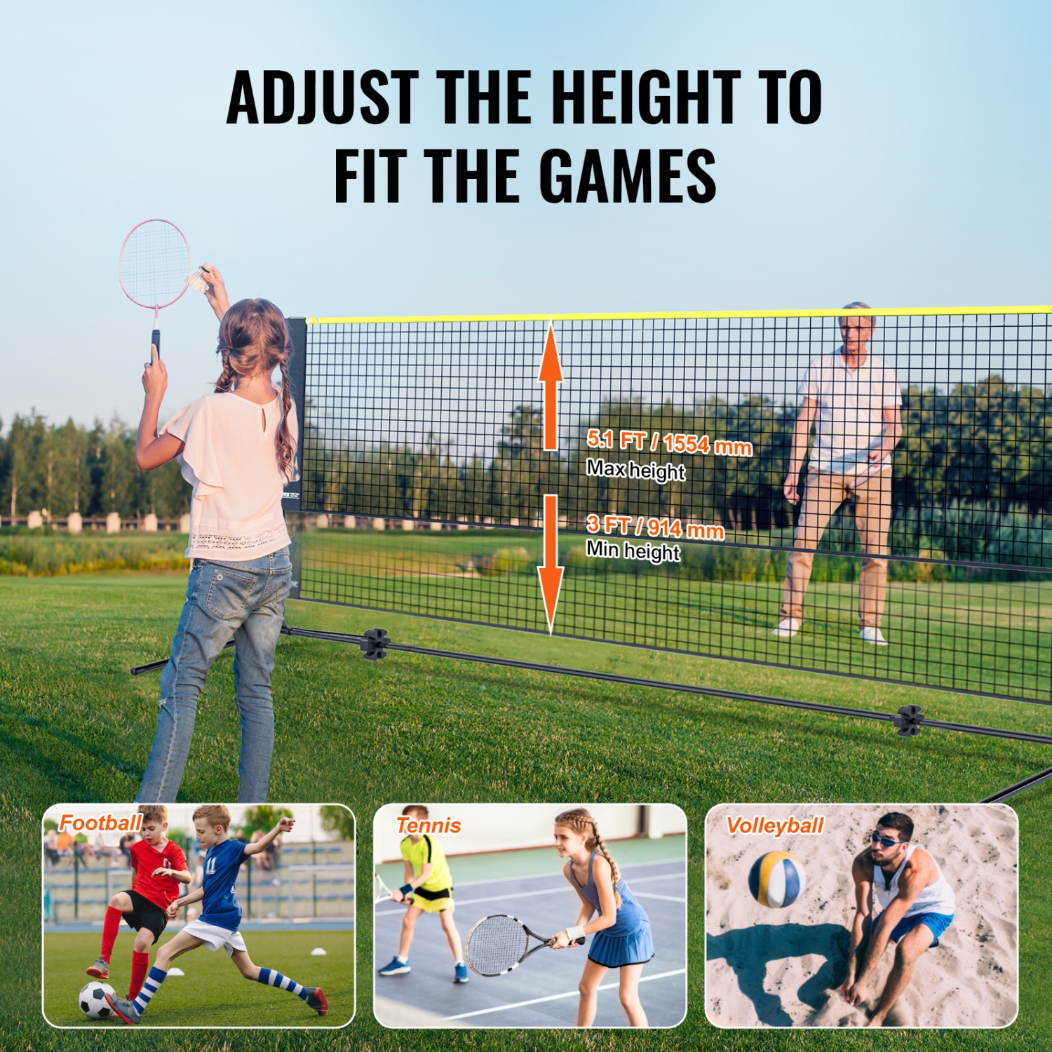 VEVOR 14ft Wide Badminton Net, Height Adjustable Volleyball Net, Foldable Pickleball Net, Tennis Net Set with Poles, Stand and Carry Bag, for Kids