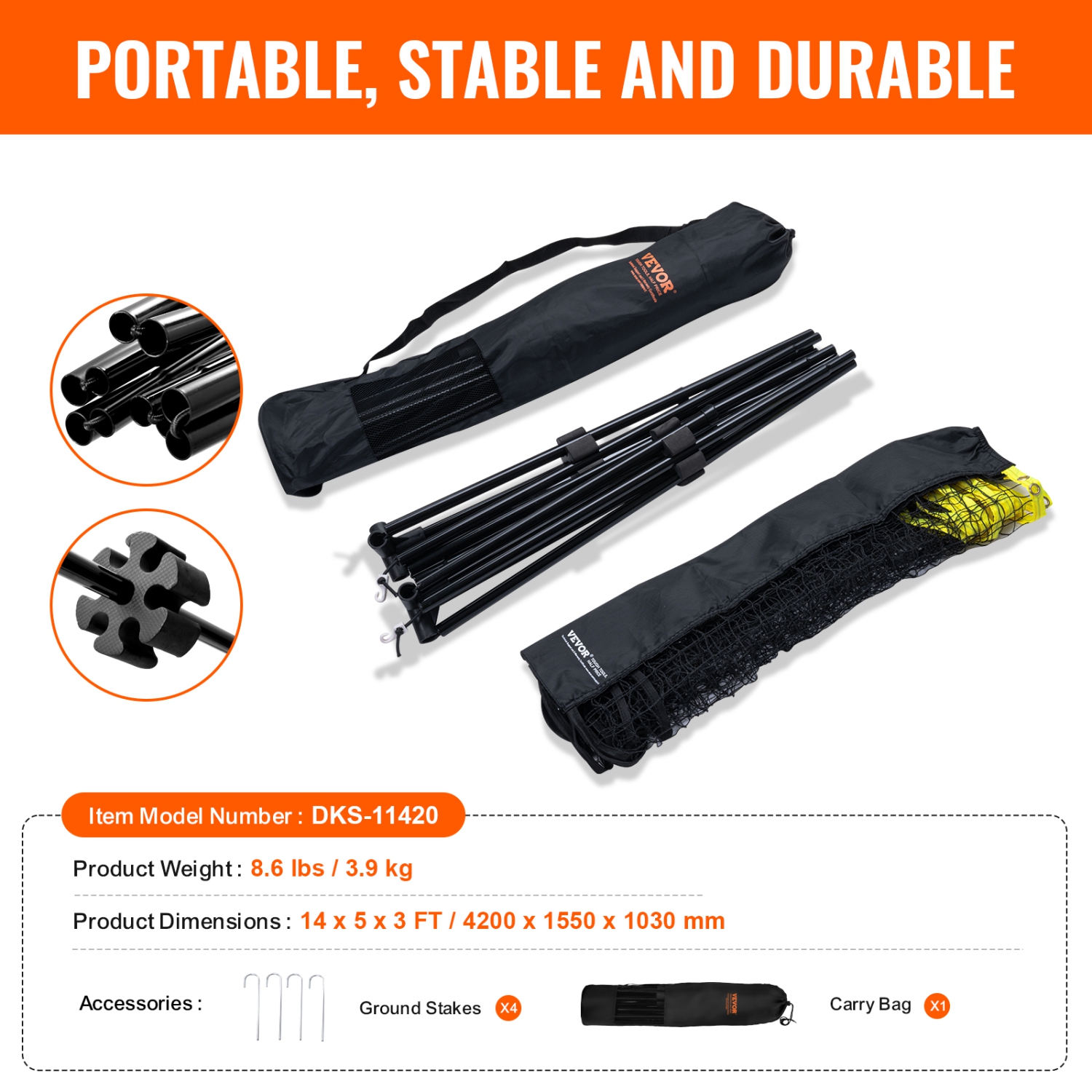 VEVOR 14ft Wide Badminton Net, Height Adjustable Volleyball Net, Foldable Pickleball Net, Tennis Net Set with Poles, Stand and Carry Bag, for Kids