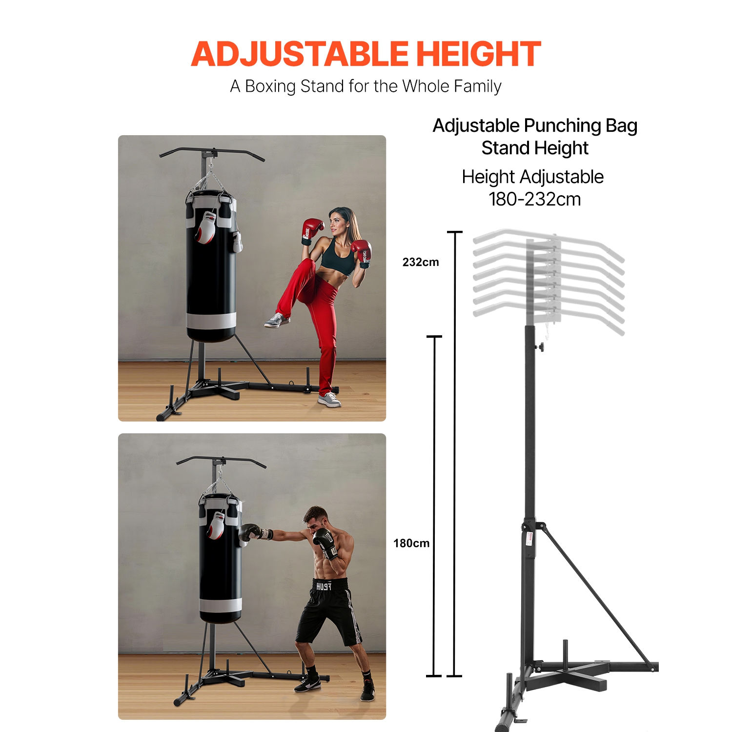 VEVOR 2 in 1 Punching Bag Stand, Steel Heavy Duty Workout Equipment, Adjustable Height with Pull Up Bar, Freestanding Sandbag Rack, Holds Up to 140