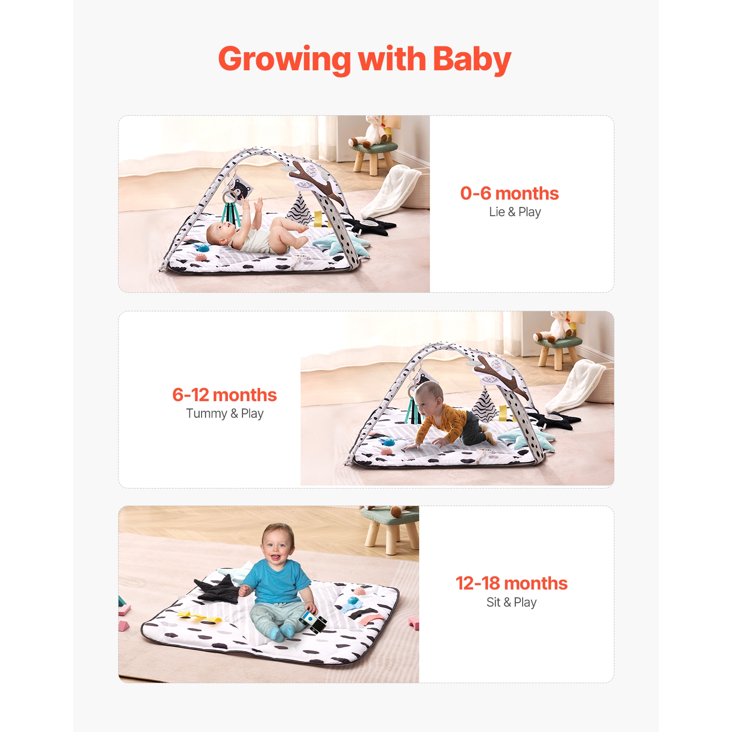 VEVOR 0-18 Month Baby Play Gym Mat, Tummy Time Mat with 6 Sensory Toys, Baby Activity Mat with 2 Touch Balls & Soft Fabric for Sensory & Motor Skill