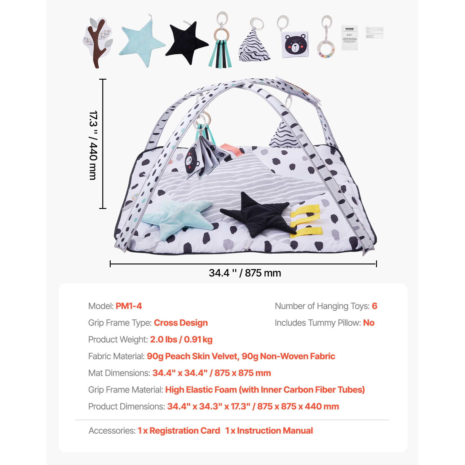 VEVOR 0-18 Month Baby Play Gym Mat, Tummy Time Mat with 6 Sensory Toys, Baby Activity Mat with 2 Touch Balls & Soft Fabric for Sensory & Motor Skill