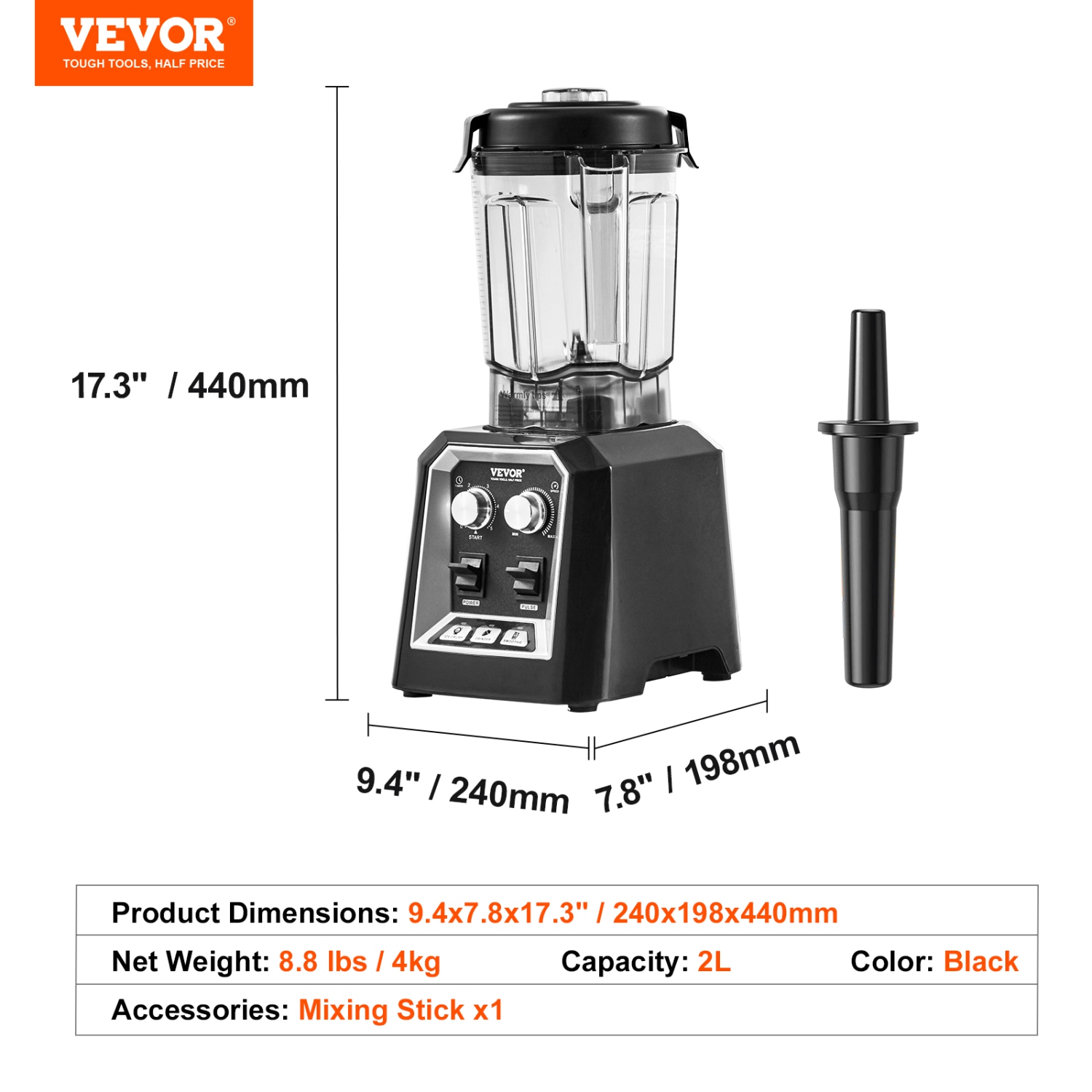 VEVOR 68 oz Professional Blender, Commercial Countertop Blenders, Plastic Jar Blender Combo, Stainless Steel 3 Functions Blender, for Frozen Drinks,